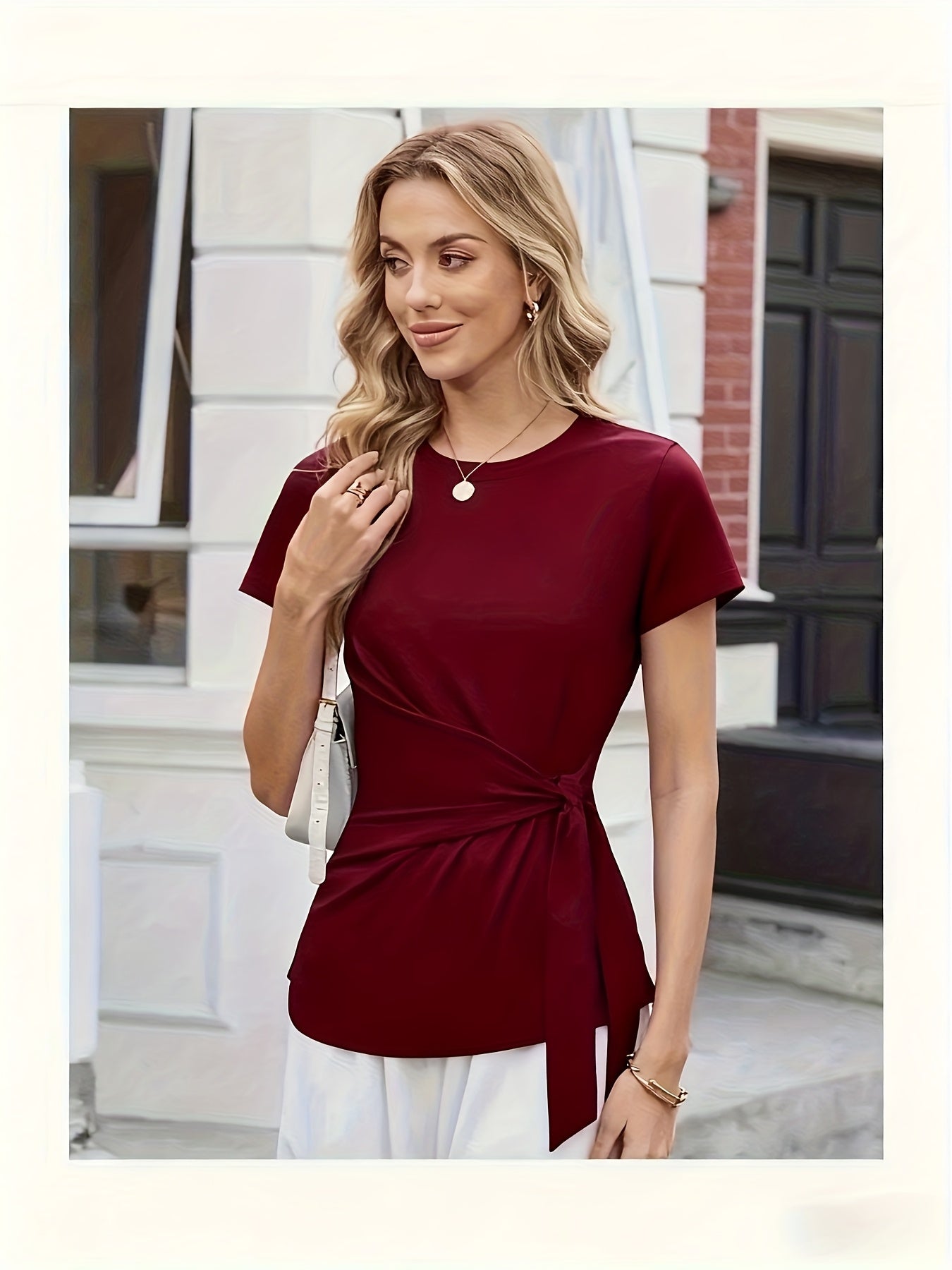 Women's Elegant Tie-Waist T-Shirt - Black Formal & Casual Blouse, Adjustable Waistband Slim Fit Top for Everyday Special Occasions - Spring/Summer Women's Clothing, Round Neckline, Sophisticated Style