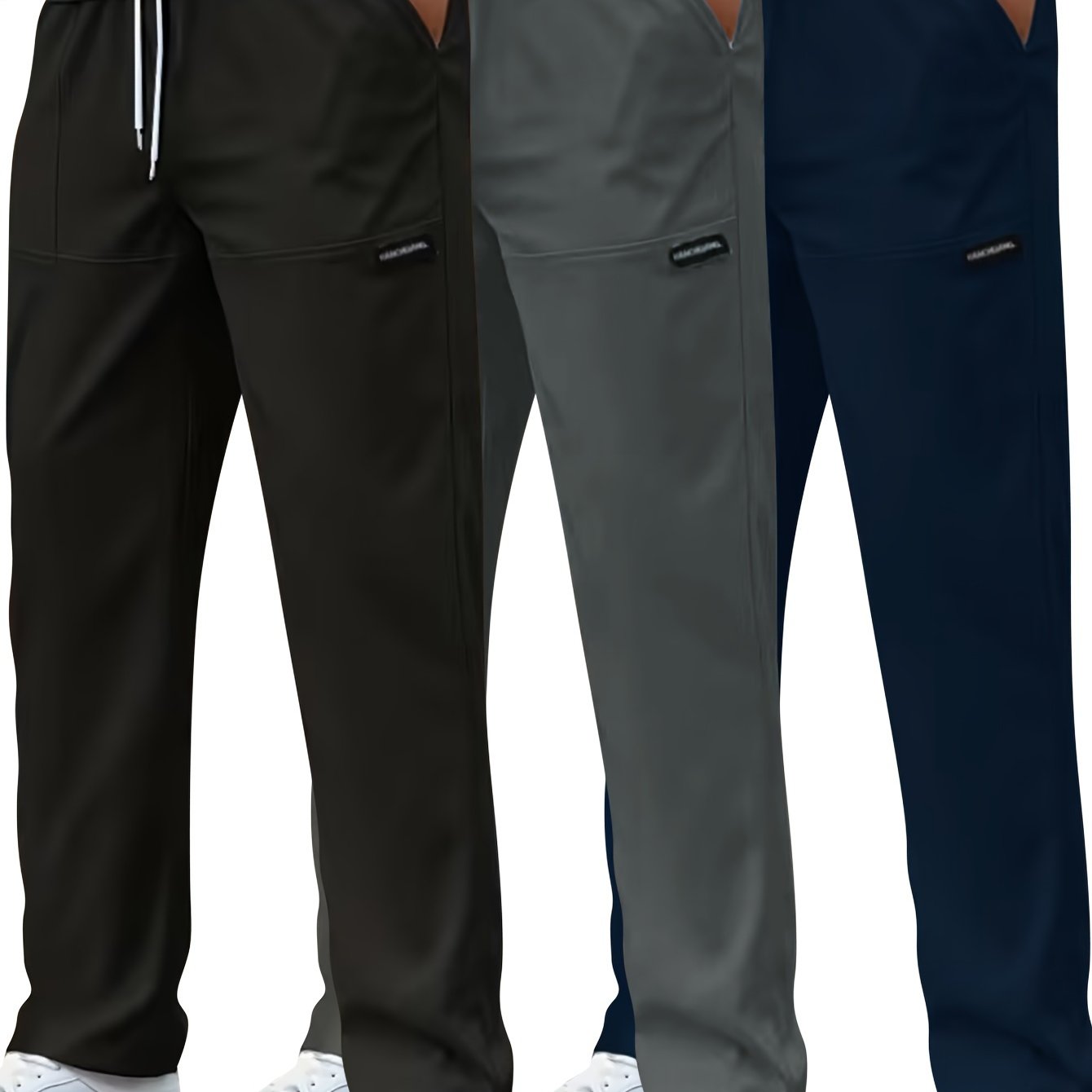 Set di 3 Pantaloni Casual da Uomo Leggeri - Gamba Dritta, Vita con Coulisse, Colore Unito (Nero, Grigio, Bianco), Abbigliamento da Lavoro Primavera/Estate, Lavabili in Lavatrice