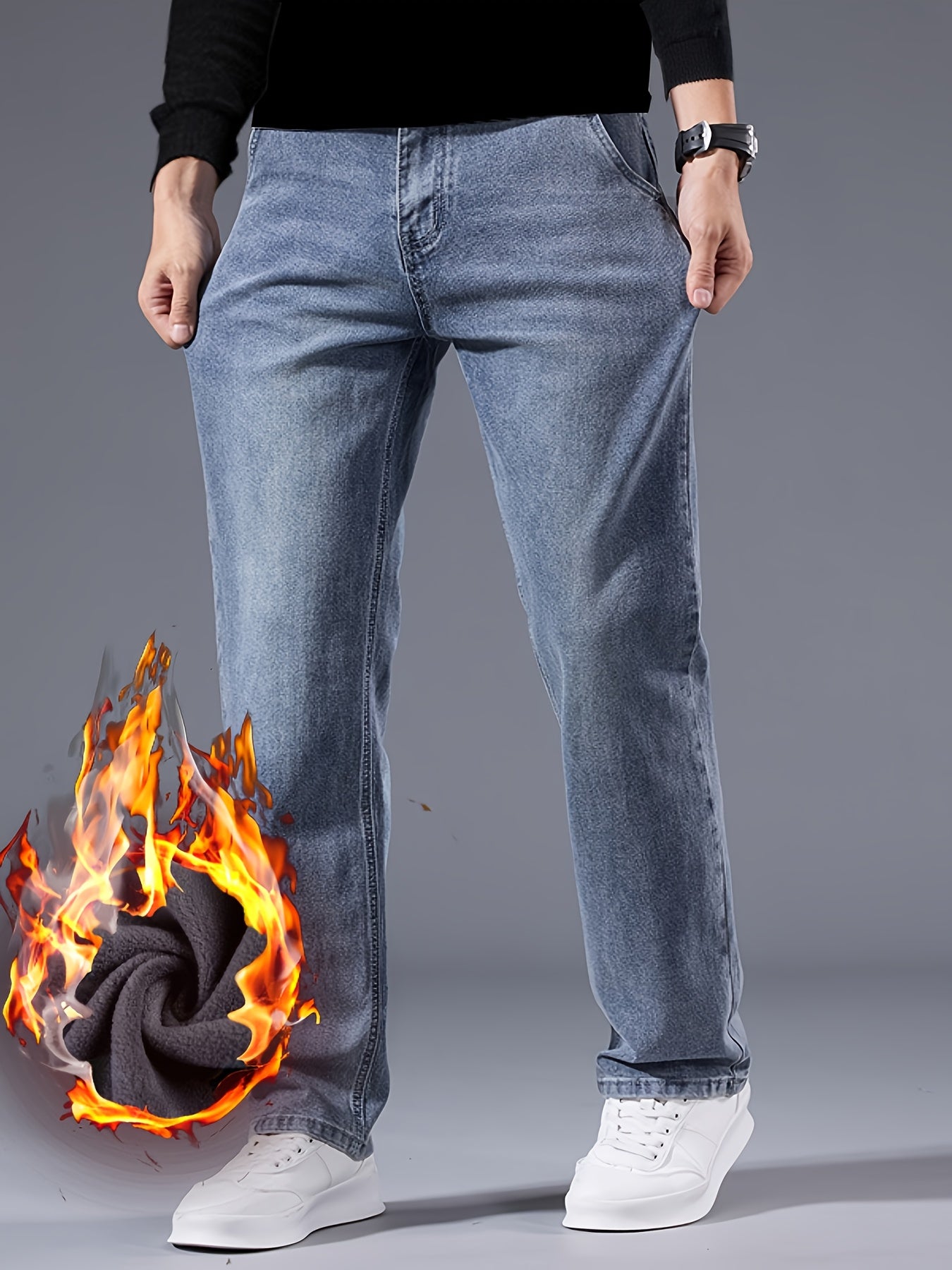092+1# Nuova Arrivo Invernale Jeans Minimalisti Spessi Foderati in Pile Elasticizzati