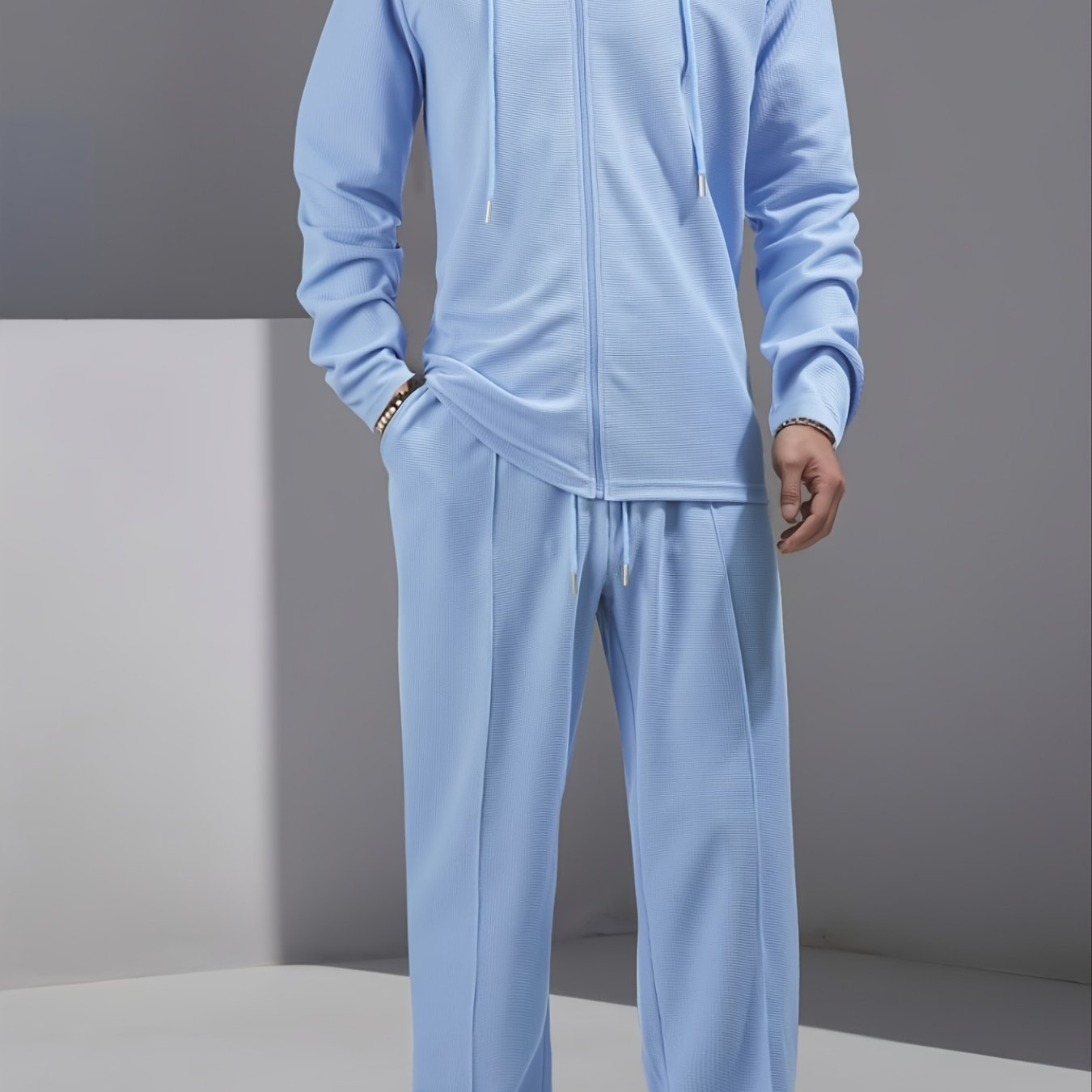 Set di 2 pezzi per uomo con cardigan con cappuccio e zip e pantaloni con coulisse - Pullover casual a maniche lunghe con tasche frontali, colore solido, outfit comodo per la primavera/autunno, abbigliamento per la primavera/autunno | Pullover con cappucci