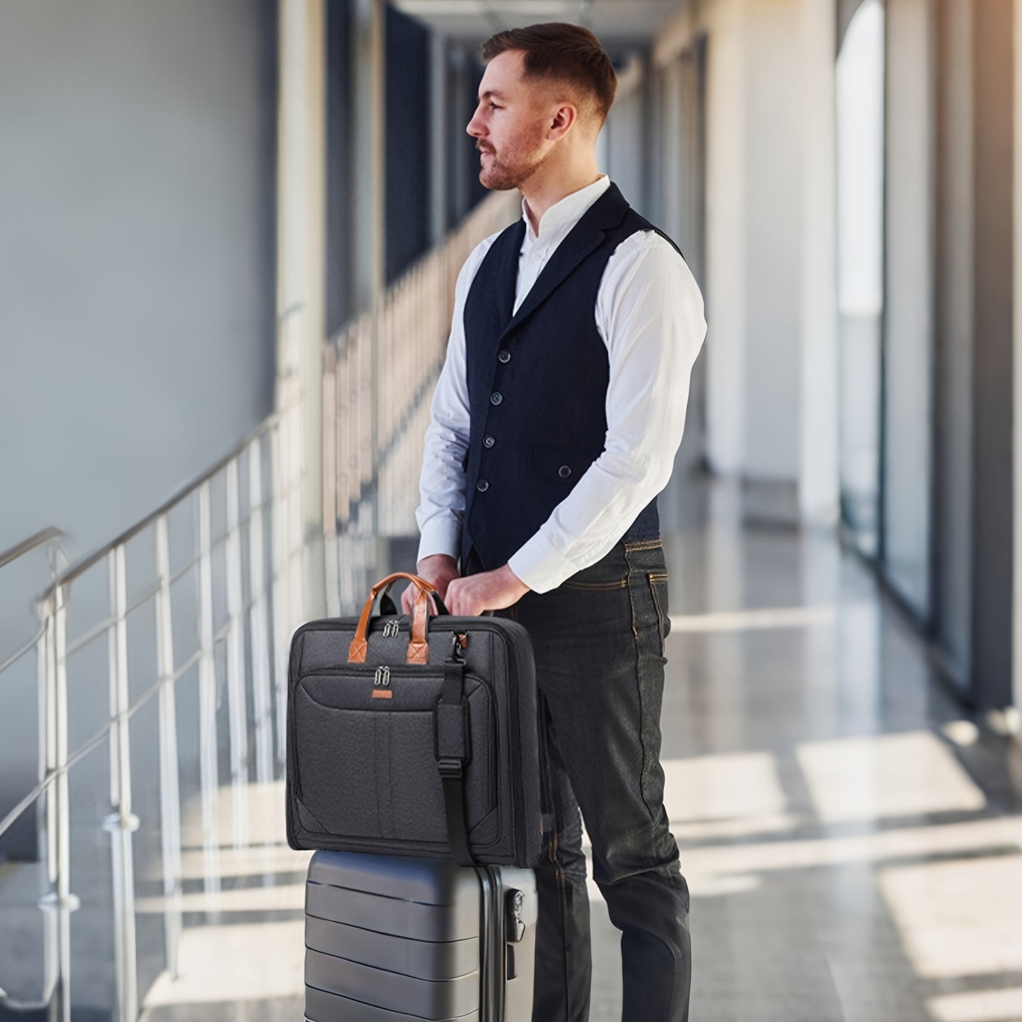 Valigia Grande & Custodia per Abiti - Bagaglio da Viaggio Business con Scomparto per Laptop, Tessuto Oxford Resistente, Valigetta Spaziosa con Maniglia o Tracolla per Professionisti (50x54x8cm, Nero) - Ideale per Viaggi Aerei ed Eventi Formali