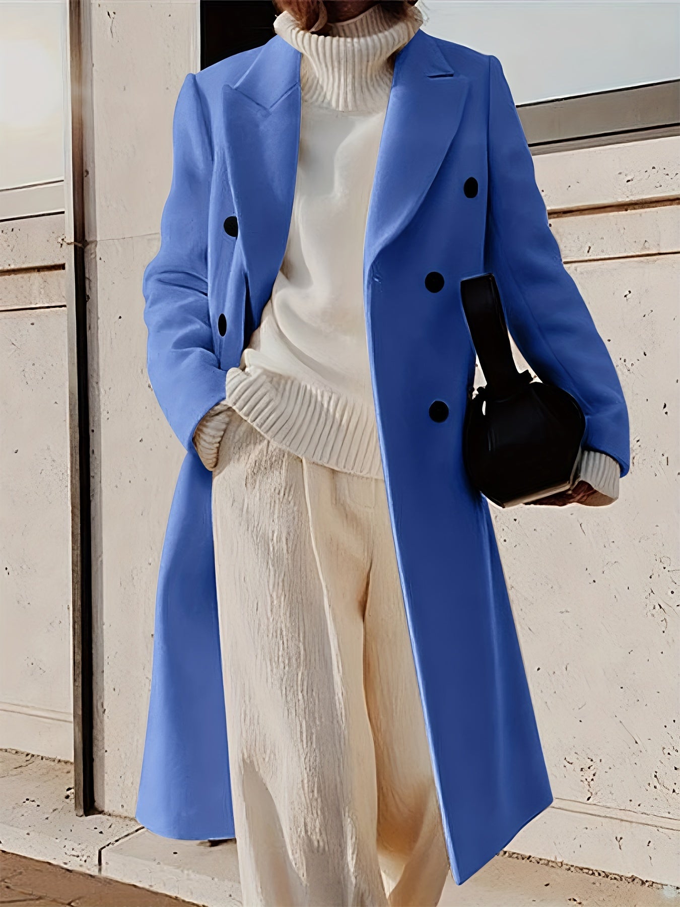 Double Breasted Lapel Overcoat, Elegant Long Sleeve Outwear For Fall & Winter, Women's Clothing