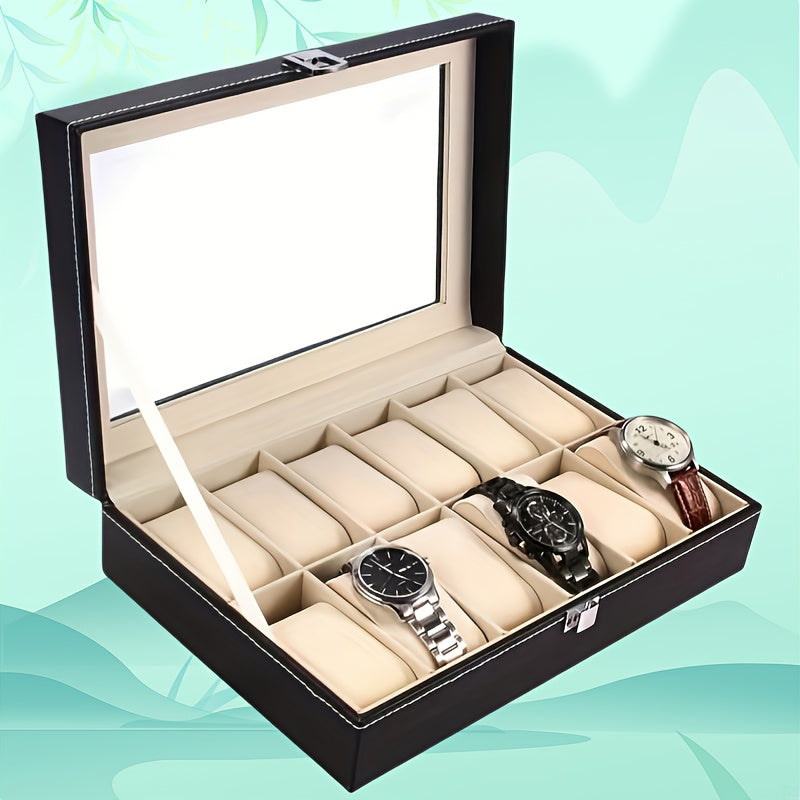 Vetrina per orologi in pelle sintetica con 12 slot e coperchi trasparenti - Scatola classica rettangolare per organizzare gioielli per orologi, braccialetti e accessori, contenitore resistente per la conservazione a tavolino per casa, boutique e regali, c