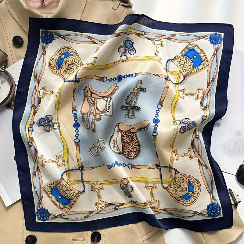 Sciarpa in seta 100% mulberry - 53cm elegante sciarpa decorativa quadrata, traspirante e non elasticizzante, lavabile in lavatrice, beige con accenti blu e dorati per accessori di moda all'aperto, sciarpa decorativa | Accessorio elegante | Tessuto in seta