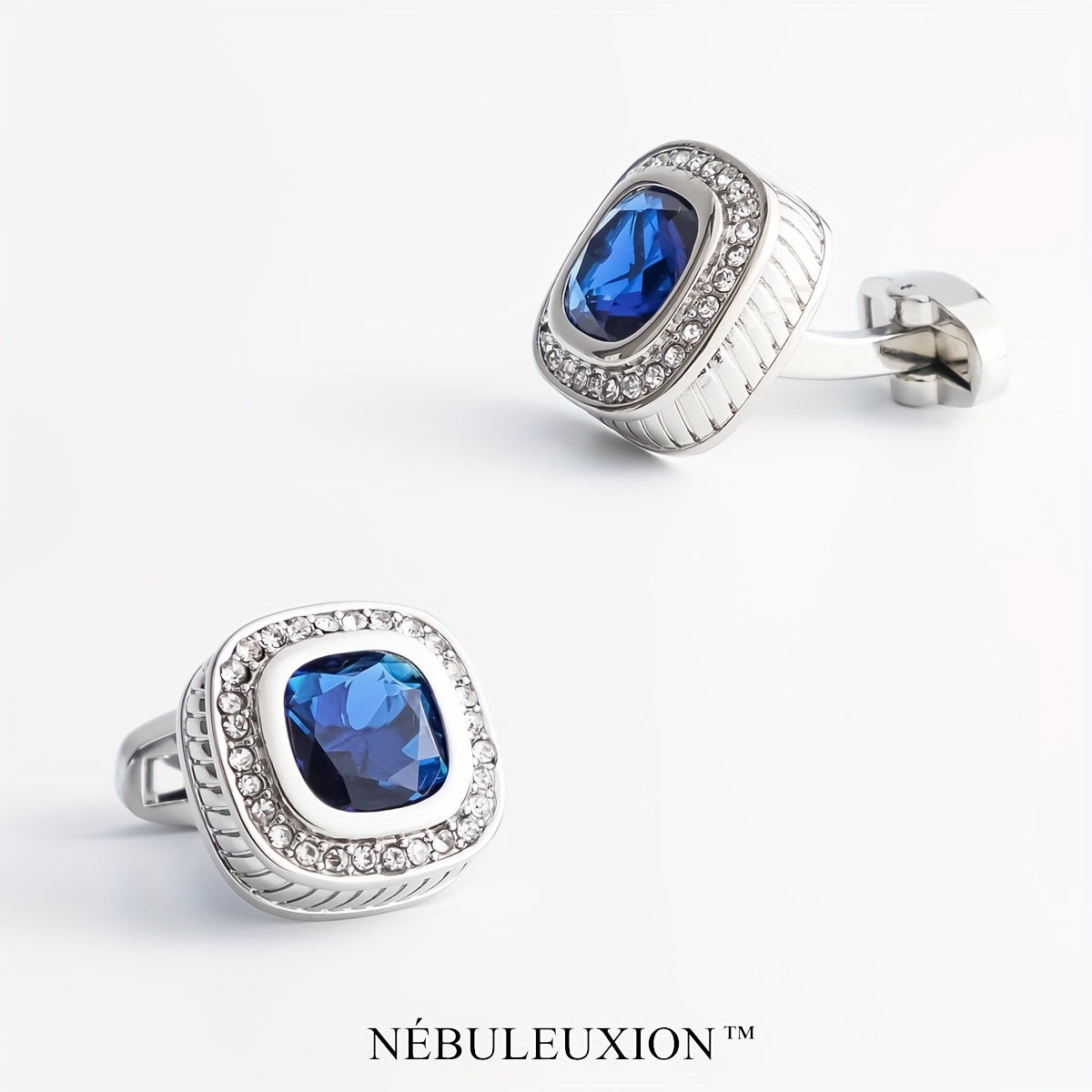 Set di 2 Gemelli NÉBULEUXION Premium Argento con Gemma Blu & Halo di Cristallo - Gemelli Francés Glamour per Matrimoni, Banchetti, Cerimonie, Affari | Regalo Ideale