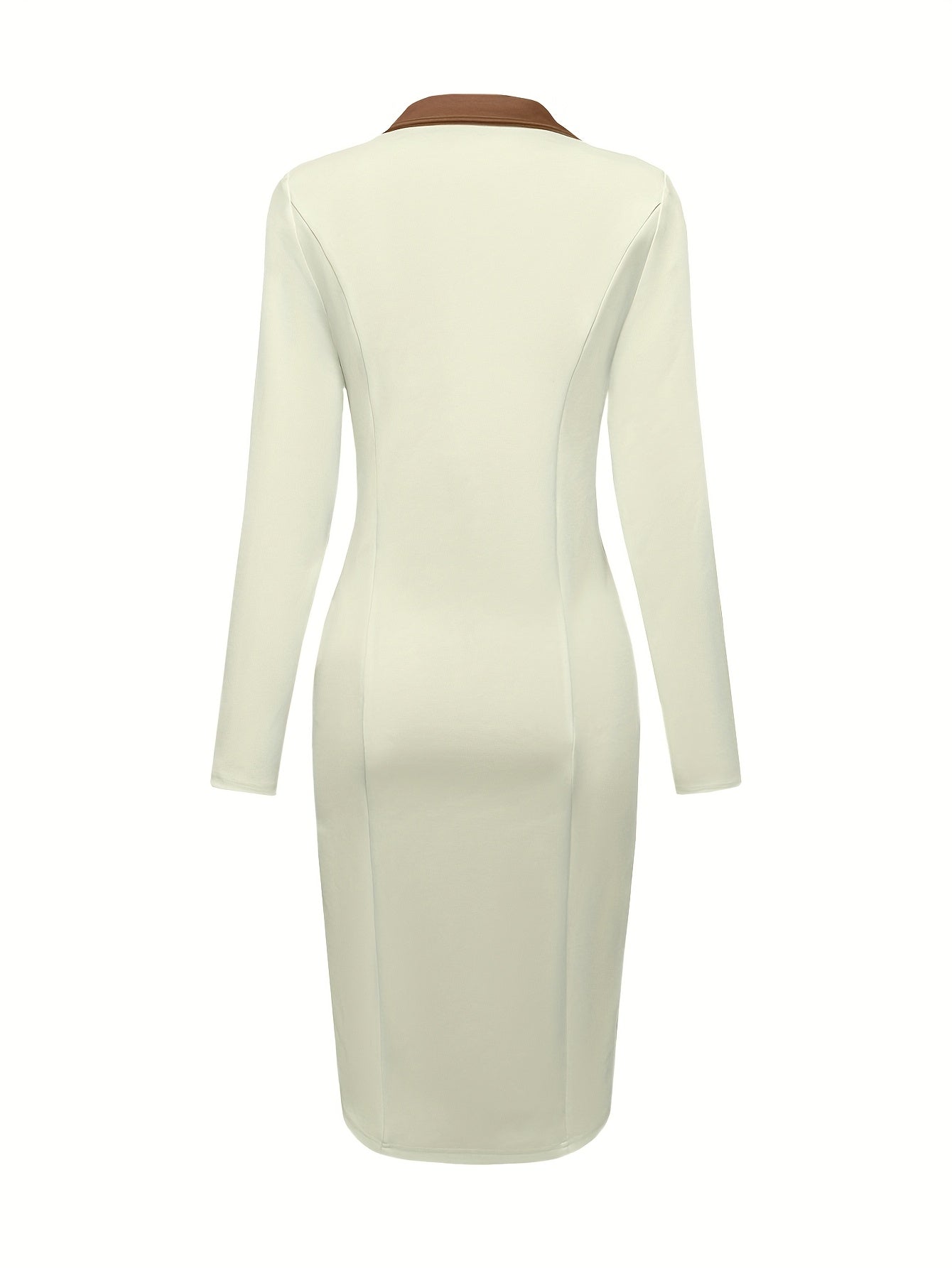Abito formale da donna elegante e aderente con inserti a contrasto e bottoni decorativi - Silhouette a trapezio a maniche lunghe, colletto strutturato e tasche