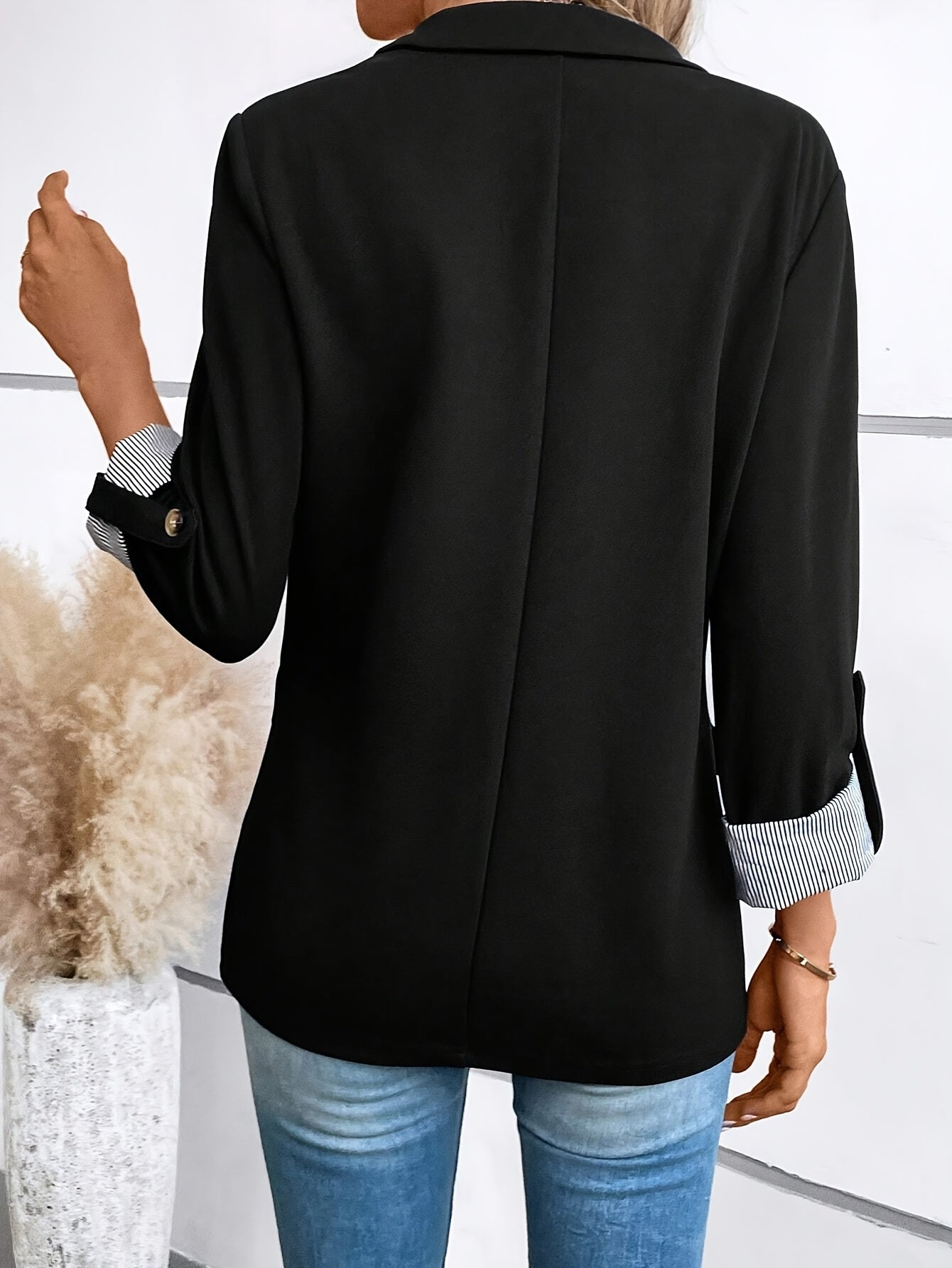 Elegant Women's Navy Blue Blazer - Chic Three-Quarter Sleeve, Polyester, Button Front with Decorative Golden Star, Machine Washable - Perfect for Office & Casual Spring/Summer Outfits