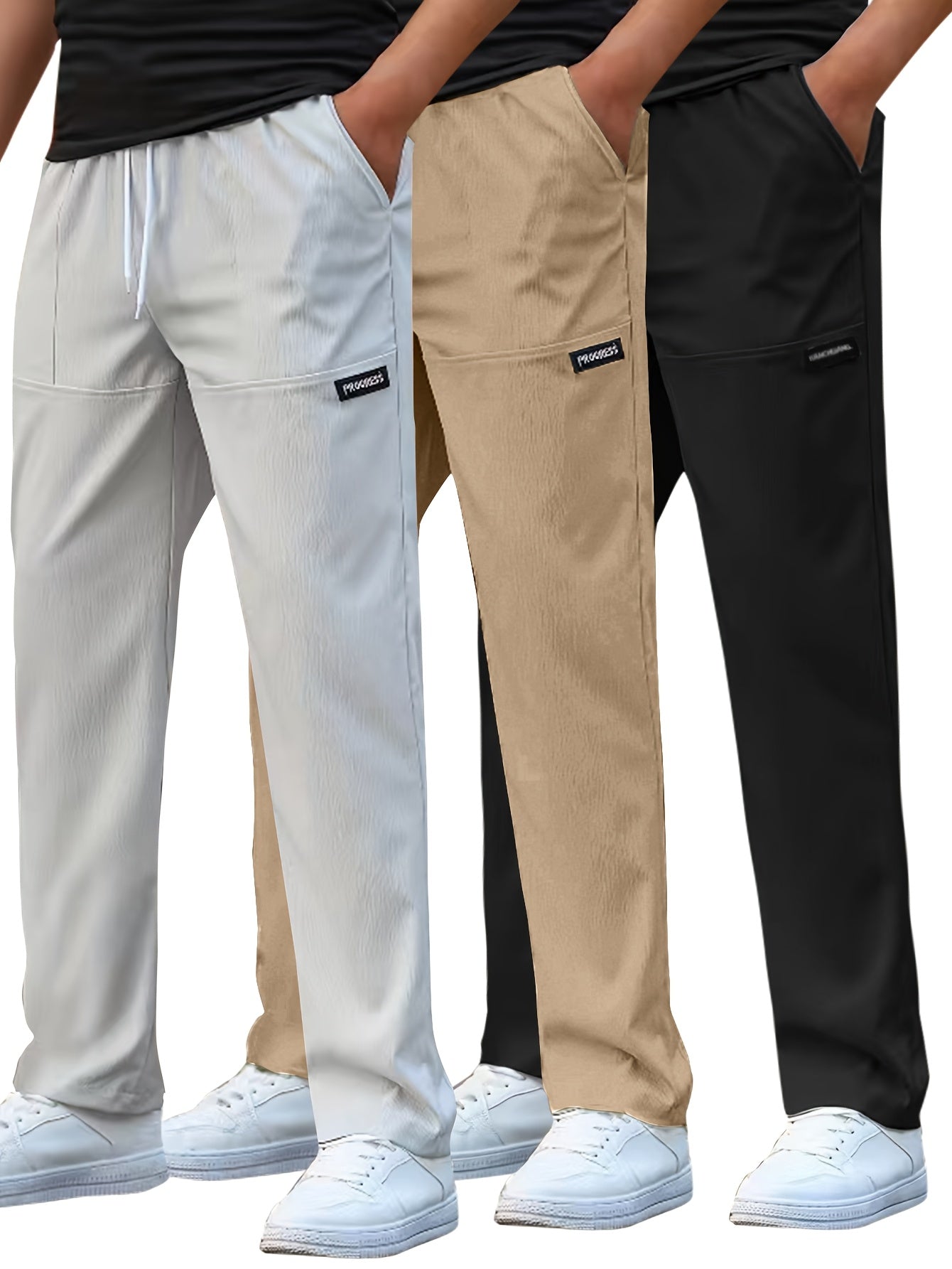 Set di 3 Pantaloni Casual da Uomo Leggeri - Gamba Dritta, Vita con Coulisse, Colore Unito (Nero, Grigio, Bianco), Abbigliamento da Lavoro Primavera/Estate, Lavabili in Lavatrice