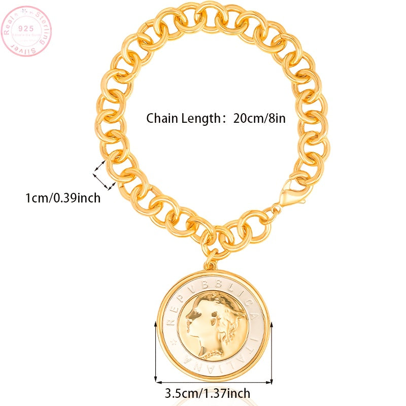 Un bracciale in argento sterling per donna, con bracciale a catena con moneta lira in alfabeto goffrato, bracciale a catena, bracciale con ciondolo, un regalo per la nipote, regalo di San Valentino, regalo di compleanno, abbinamento gioielli matrimonio, c