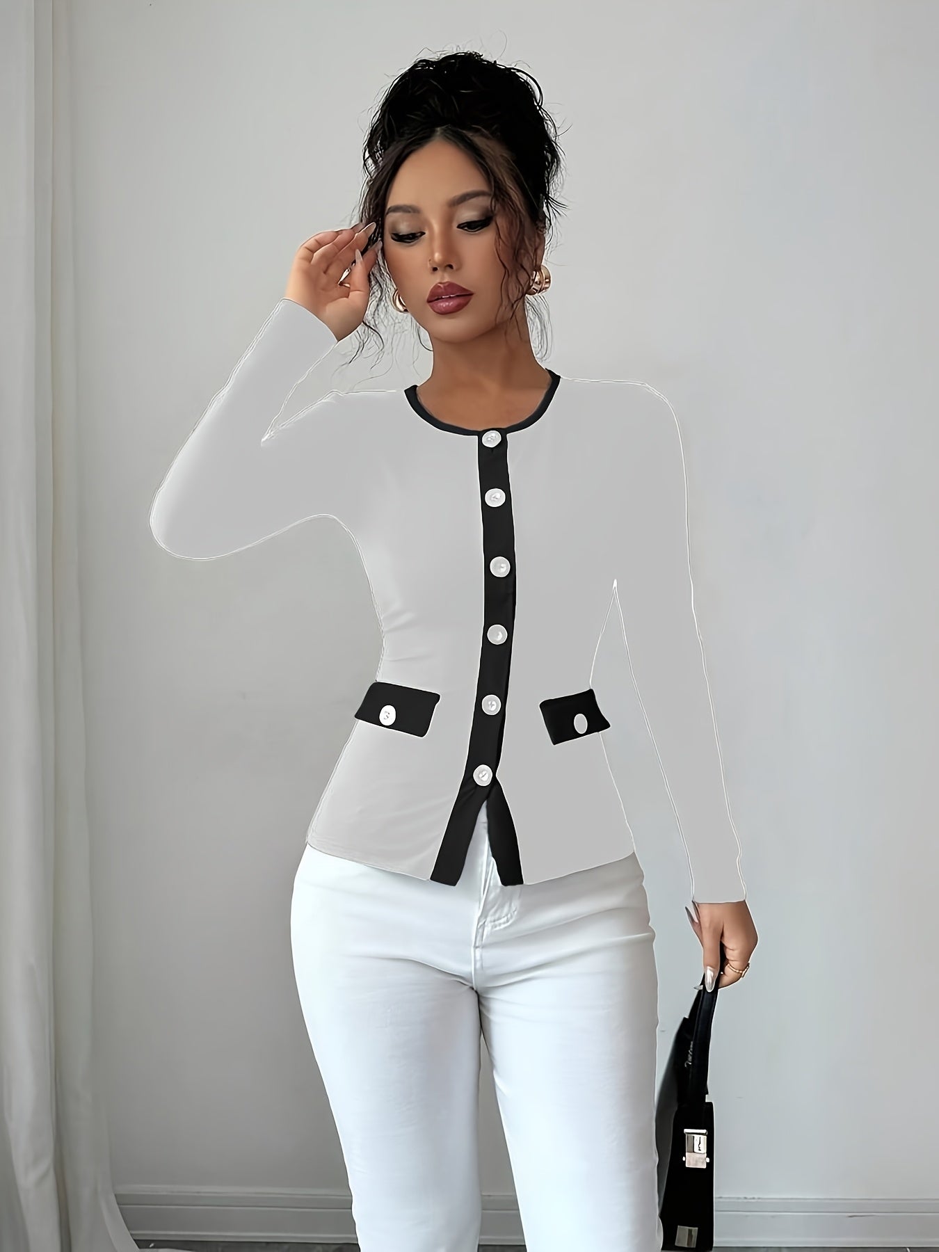 Women's Elegant Black & White Contrast Long Sleeve T-Shirt with Round Neck & Decorative Collar - Mid-Stretch Office to Casual Top, Faux Pocket Design, Spring/Fall Wardrobe Essential (Hand Washable, Non-See-Through)