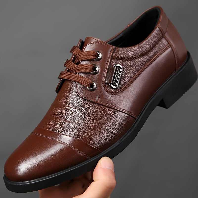 Scarpe Derby da uomo in pelle pieno fiore a tinta unita, comode suola in gomma antiscivolo, scarpe da abito casual resistenti, calzature da uomo