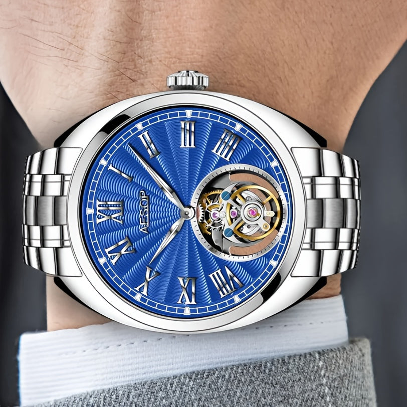 Orologio Meccanico di Lusso AESOP Uomo - Movimento True Flying Tourbillon, Carica Manuale con Quadrante Blu e Numeri Romani, Cassa in Acciaio Inossidabile, per Abbigliamento Formale e Casual - Regalo Ideale per Appassionati di Orologi, Design Elegante, Ar