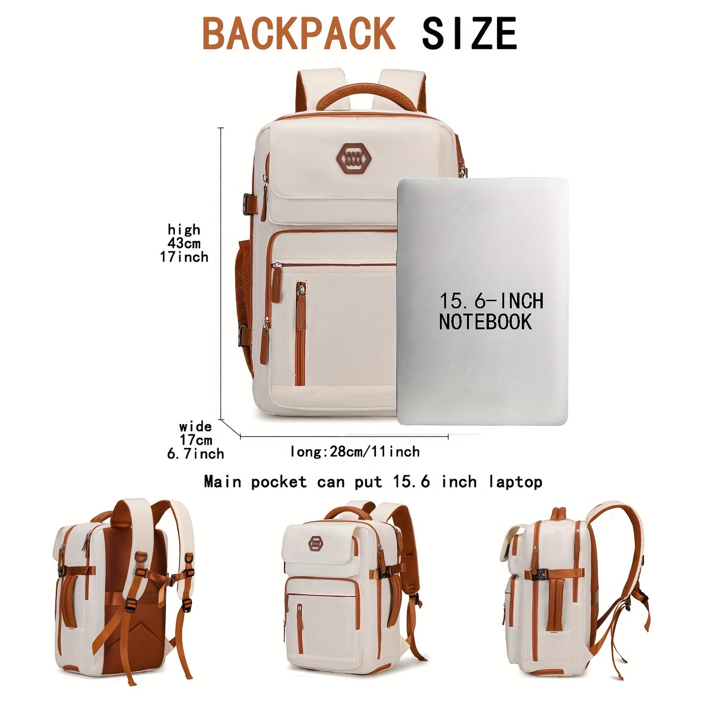 ZAINO DA VIAGGIO PER LAPTOP APPROVATO DALL'AEROPORTO da 39.62 cm con Scomparto per Scarpe e Cinghia per Bagaglio - Zaino Resistente per Affari ed Escursionismo in Beige e Marrone, Scomparti Multipli, Spallacci Regolabili, Solo Lavaggio a Mano, Design Eleg