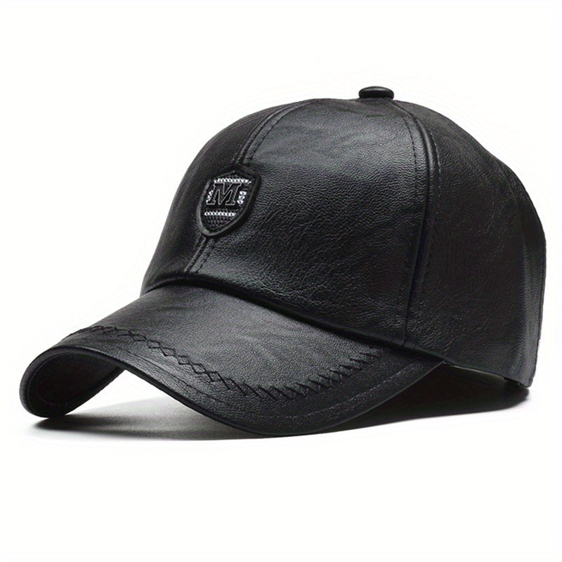 1 Cappello da baseball nero in pelle sintetica con visiera regolabile - Leggero, resistente e traspirante per attività all'aperto, viaggi, feste in spiaggia e abbigliamento casual, cappello da moda primaverile | Cappello da baseball regolabile | Equipaggi