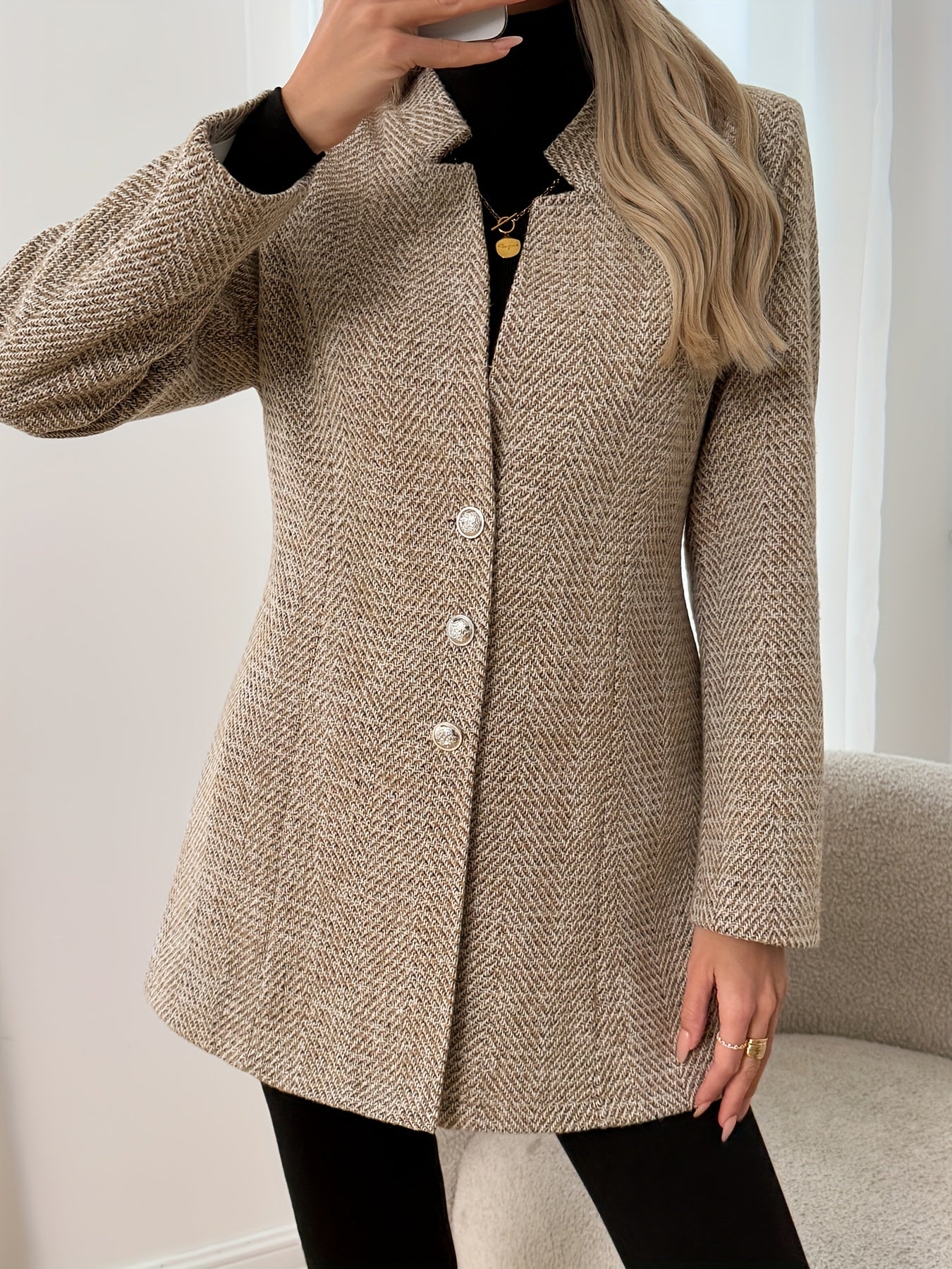 Women's Tweed Coat - Elegant, H-Silhouette Formal & Everyday Outerwear, Long Sleeve Winter Coat for Office, Parties, Casual Outfits - Non-Stretchy Mature Professional Jacket, Office Wear, Tailored Fit, Textured Fabric, Stylish Outerwear
