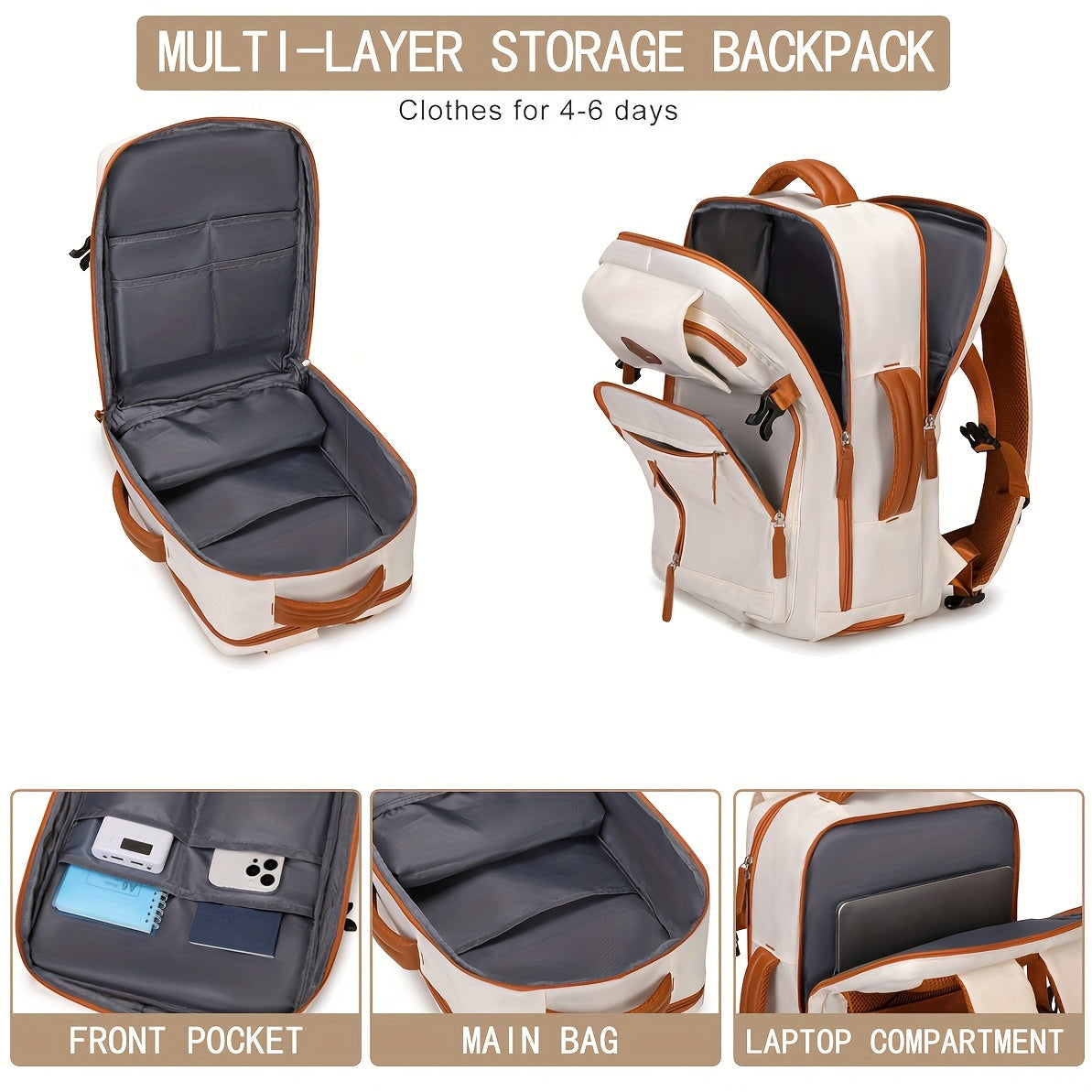 ZAINO DA VIAGGIO PER LAPTOP APPROVATO DALL'AEROPORTO da 39.62 cm con Scomparto per Scarpe e Cinghia per Bagaglio - Zaino Resistente per Affari ed Escursionismo in Beige e Marrone, Scomparti Multipli, Spallacci Regolabili, Solo Lavaggio a Mano, Design Eleg