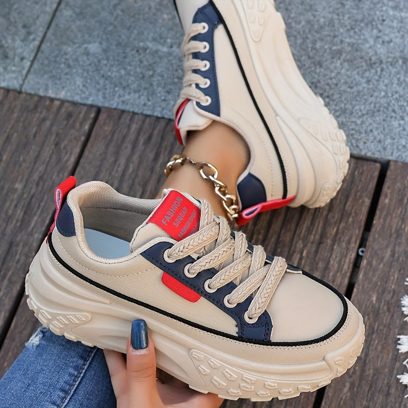 Sneakers da donna alla moda con piattaforma chunky, basse, con lacci, casual, con suola in gomma e sottopiede in microfibra, calzature da passeggio a tinta unita per tutte le stagioni