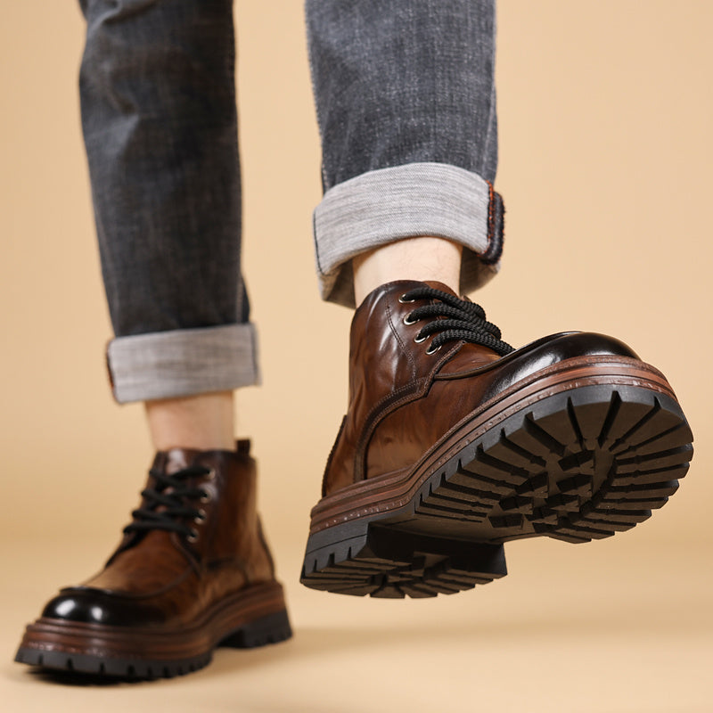 2025 Autunno Inverno Moda Uomo Stivali alla Caviglia con Lacci - Copertura Finta Superiore, Suola in Gomma Antiscivolo, Punta Rotonda, Casual Outdoor Streetwear, 2 Opzioni (Fleece o Non-Fleece), Durevole e Confortevole per l'Abbigliamento Quotidiano, Escu