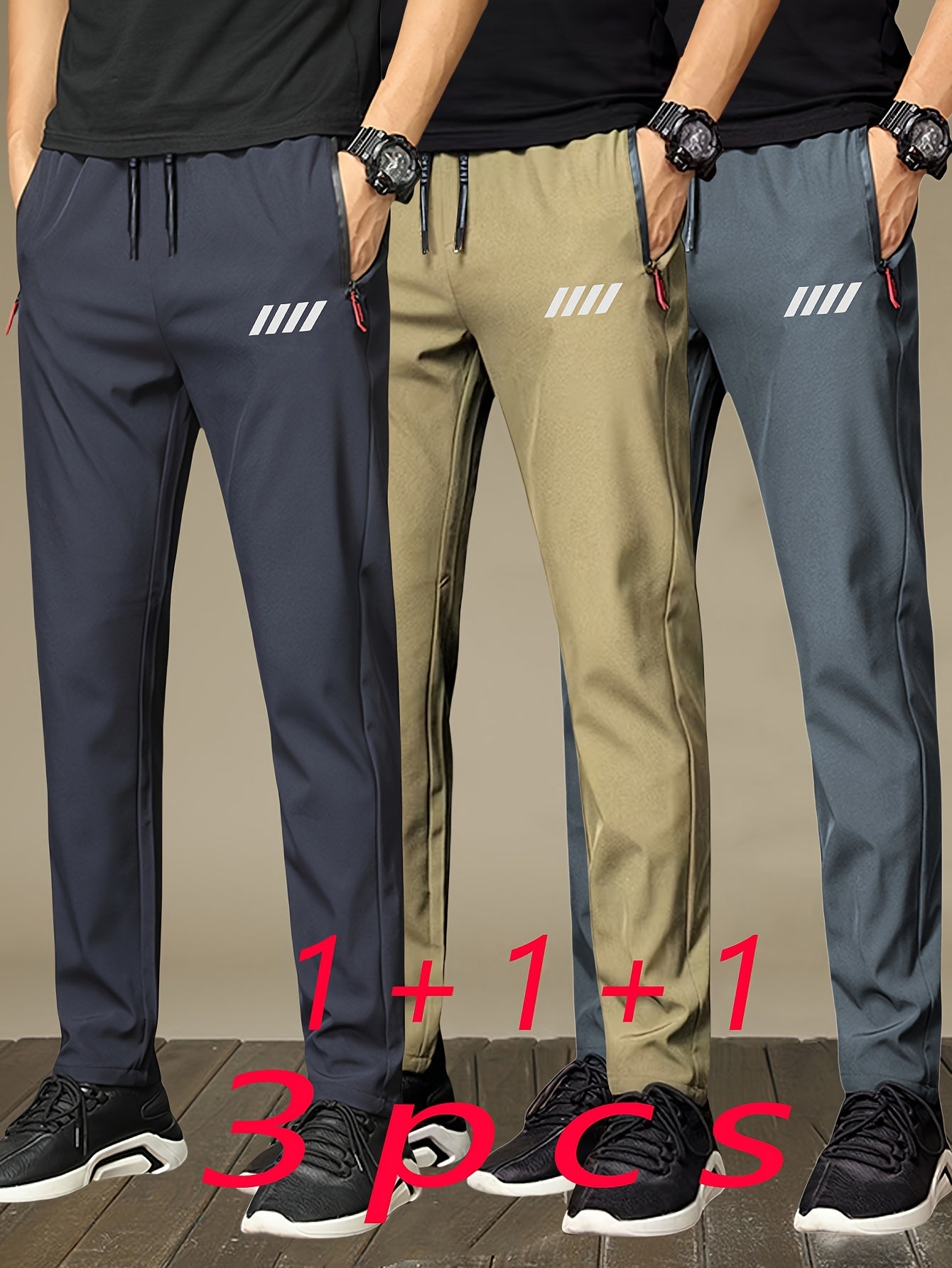 3 Pezzi di Pantaloni Sportivi da Uomo con Tasche con Cerniera, Design Stampa alla Moda, Tessuto Leggero e Traspirante per lo Sport Estivo e Abbigliamento Casual, Idea Regalo Perfetta, Pantaloni Atletici Moderni, Design Pratico delle Tasche