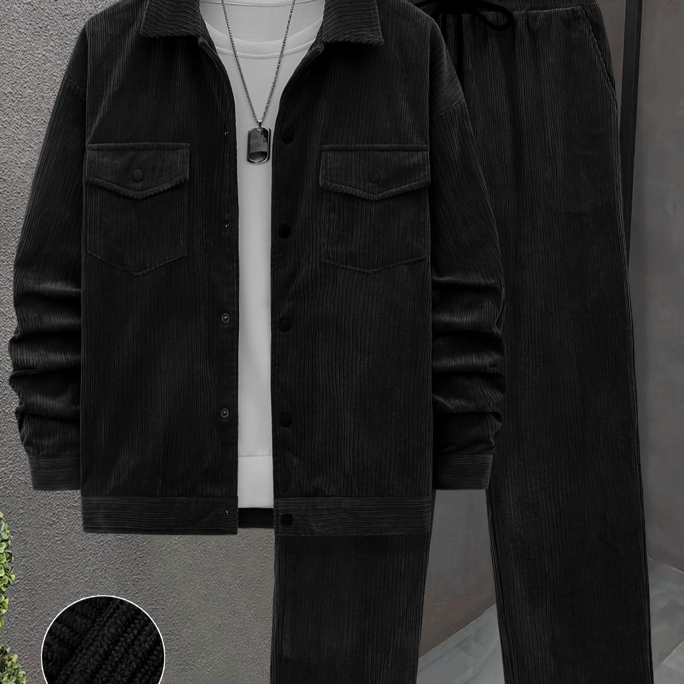 Set autunnale e invernale da uomo 2 pezzi con tessuto a coste intrecciate, tasche a doppia lavorazione, giacca a maniche lunghe e pantaloni larghi con coulisse, abito maturo per uscite casuali/ufficio/appuntamenti, 100% poliestere, lavabile a mano e in la