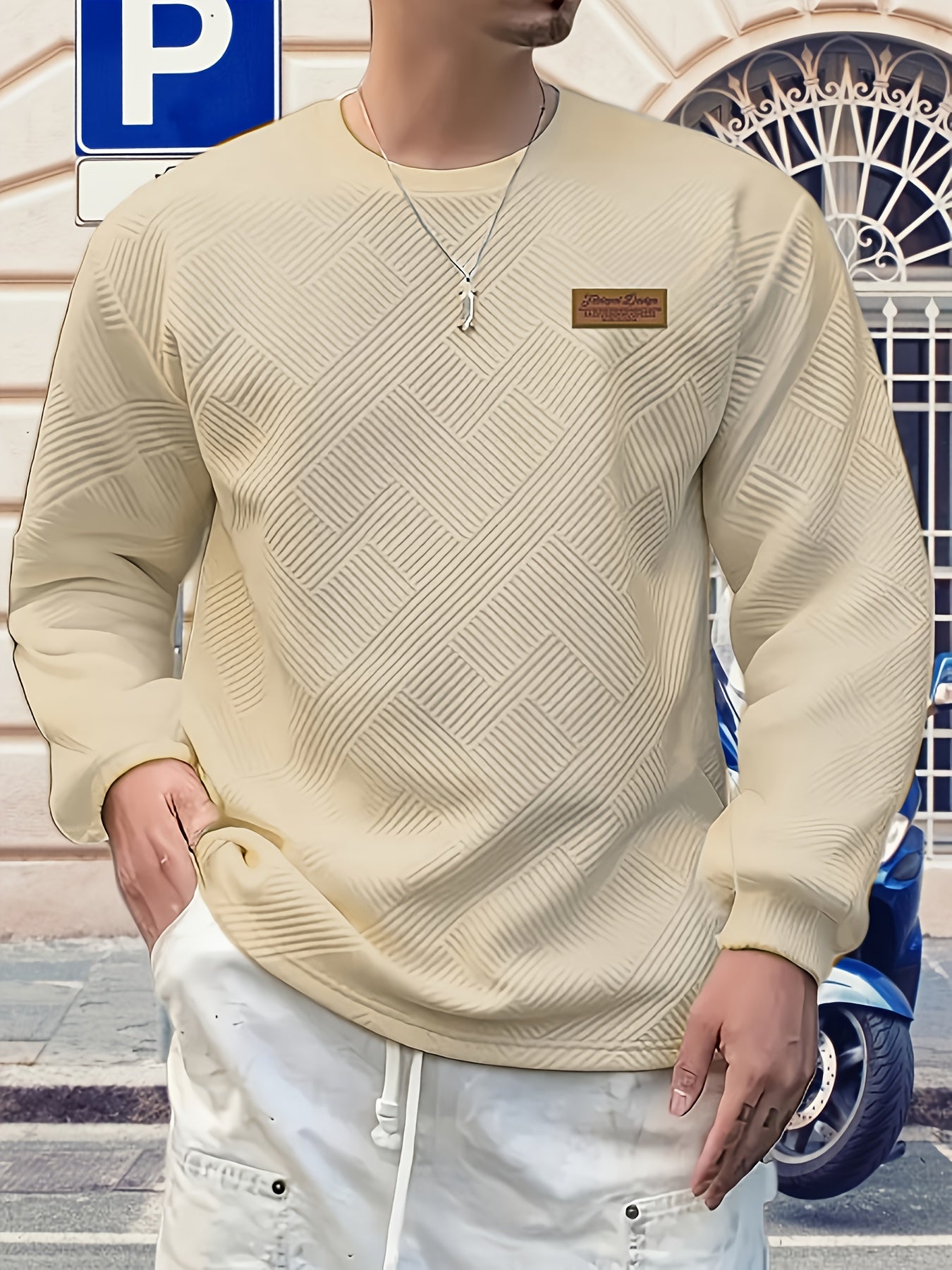 Maglione Uomo a Manica Lunga con Motivo Geometrico - Design Blu Vibrante e Nero, Taglio Regolare per Primavera/Autunno, Tessuto Comodo, Stile Casual, Cuciture di Qualità, Top Modaiolo, Abbigliamento Autunnale, Ideale per Giovani Adulti