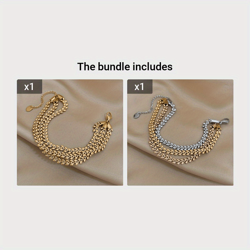 Women's Stainless Steel Wheat Design Golden-Tone Multi-Layer Chain Bracelet - Adjustable Lobster Clasp Statement Jewelry for Parties, Casual Attire & Special Occasions, Fashion Accessory, Elegant Style, Stylish Craftsmanship, Accessory Enthusiasts