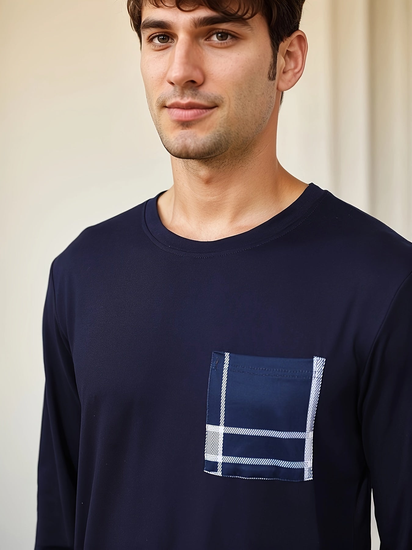 Set Pigiama Casual da Uomo - T-Shirt a Maniche Lunghe con Collo Rotondo & Pantaloni a Quadri, Misto Poliestere Morbido, Perfetto per la Primavera/Autunno