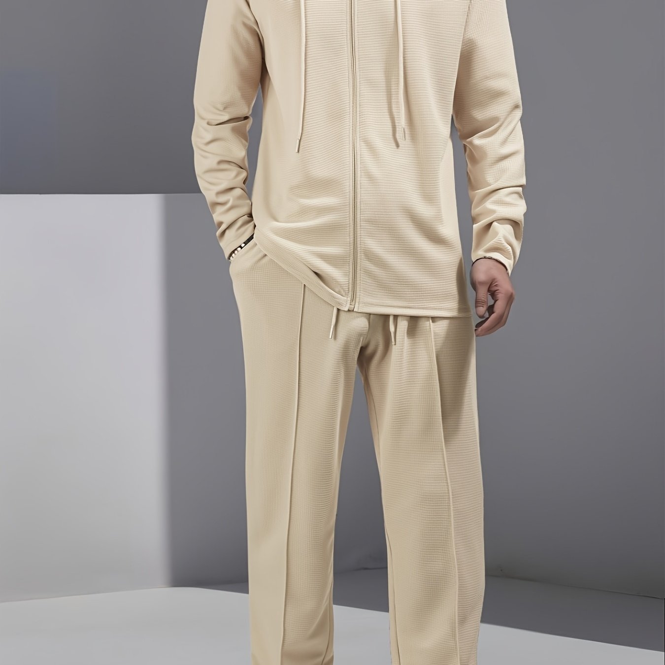 Set di 2 pezzi per uomo con cardigan con cappuccio e zip e pantaloni con coulisse - Pullover casual a maniche lunghe con tasche frontali, colore solido, outfit comodo per la primavera/autunno, abbigliamento per la primavera/autunno | Pullover con cappucci