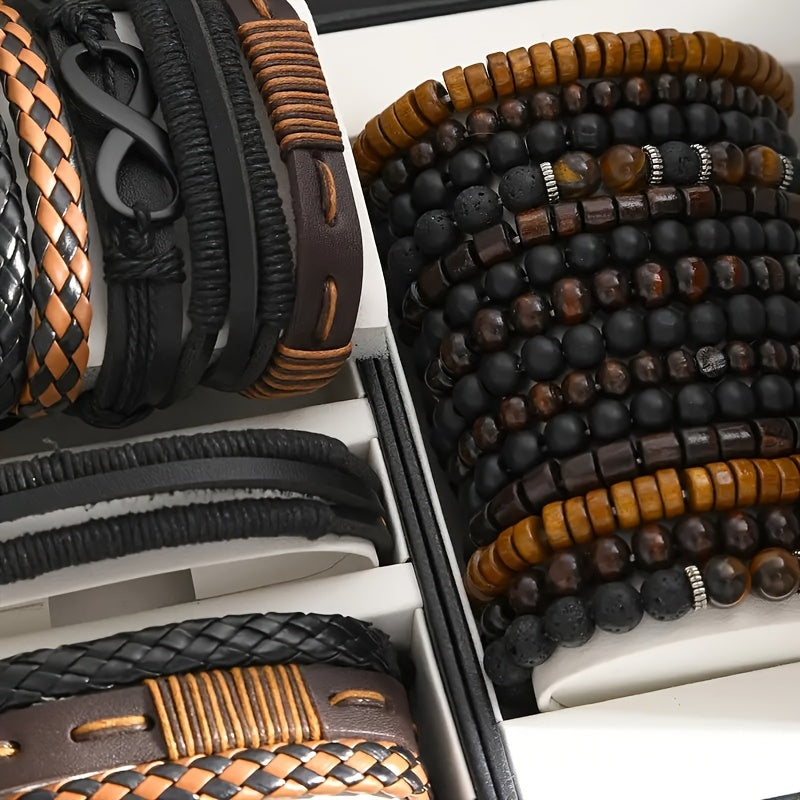 24 pezzi Set di Accessori di Moda da Uomo, Braccialetti in Pelle Sintetica e Perline di Legno in Stile Street, Design Versatili a Strati per Abbigliamento Casual, con Confezione Multipla per Regali (Scatola Non Inclusa)