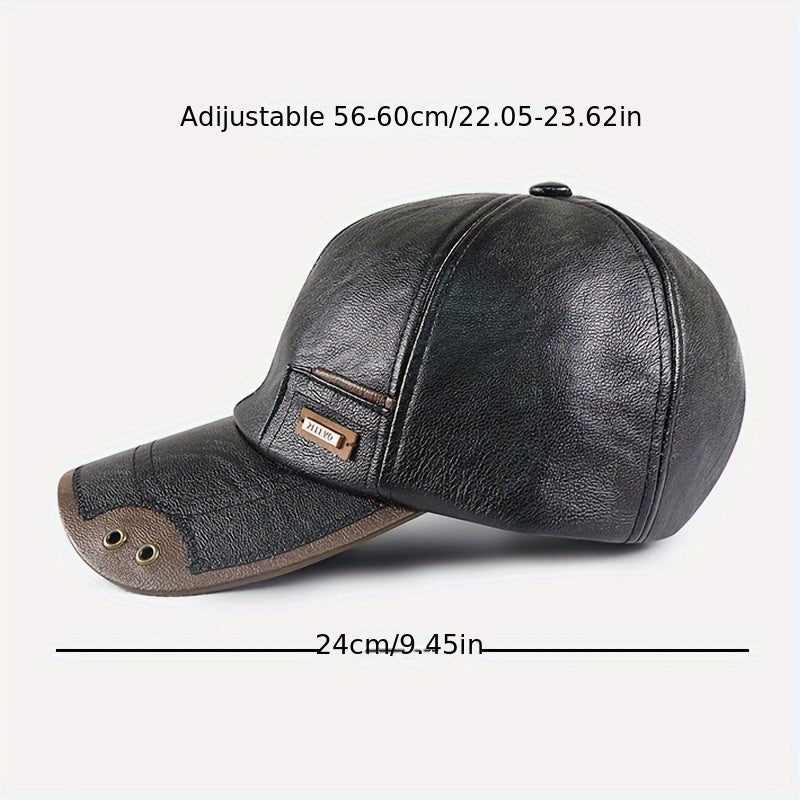 1pz Cappello da baseball casual in similpelle da uomo, cappello invernale alla moda regolabile con fodera in pile per persone di mezza età e anziani