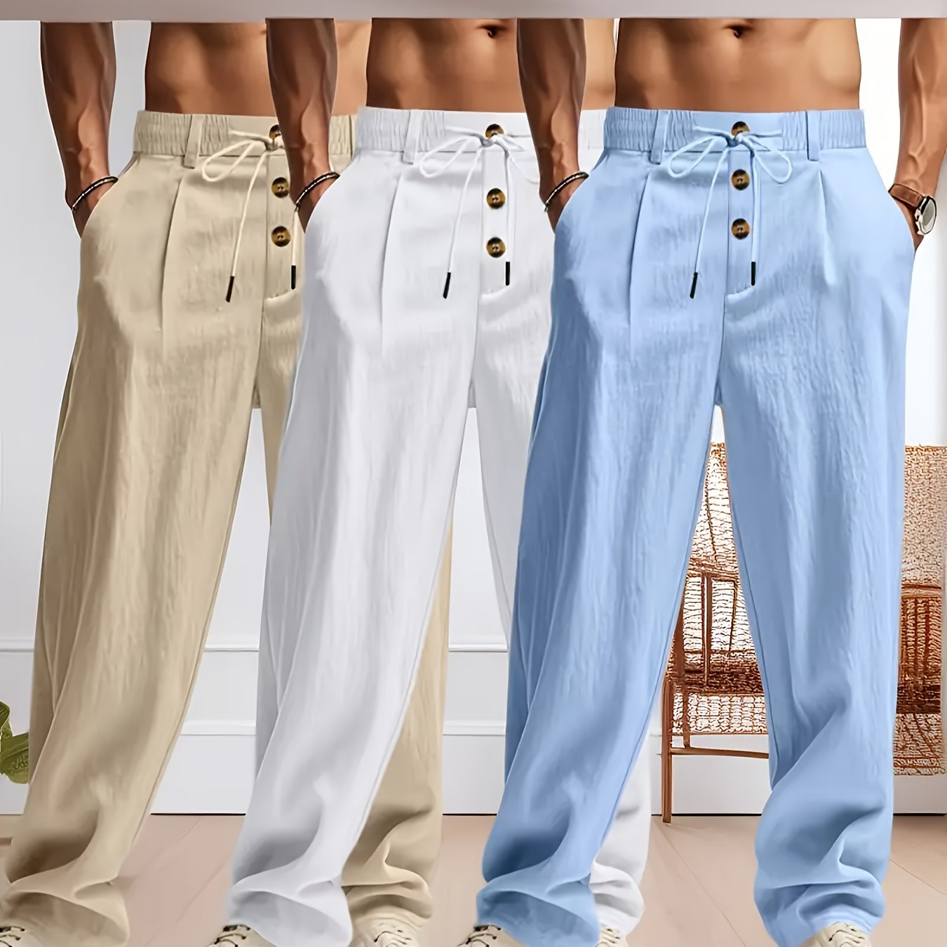 3pcs Pantaloni Casual in Lino Leggeri da Uomo - Vestibilità Rilassata Traspirante con Vita Elastica e Chiusura a Bottone, Tessuto Non Elasticizzato per Abbigliamento da Spiaggia Esterno, Comfort Tutte le Stagioni (Beige/Verde/Azzurro), Pantaloni da Spiagg