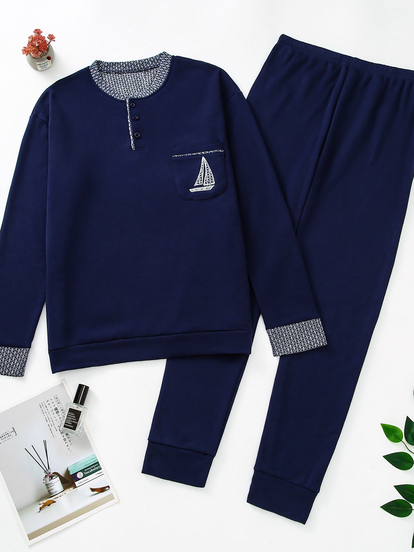 Pigiama invernale da uomo in pile, pigiama casual in poliestere lavorato a maglia, manica lunga, scollo Henley, motivo geometrico, vestibilità comoda, abbigliamento da notte per uso domestico