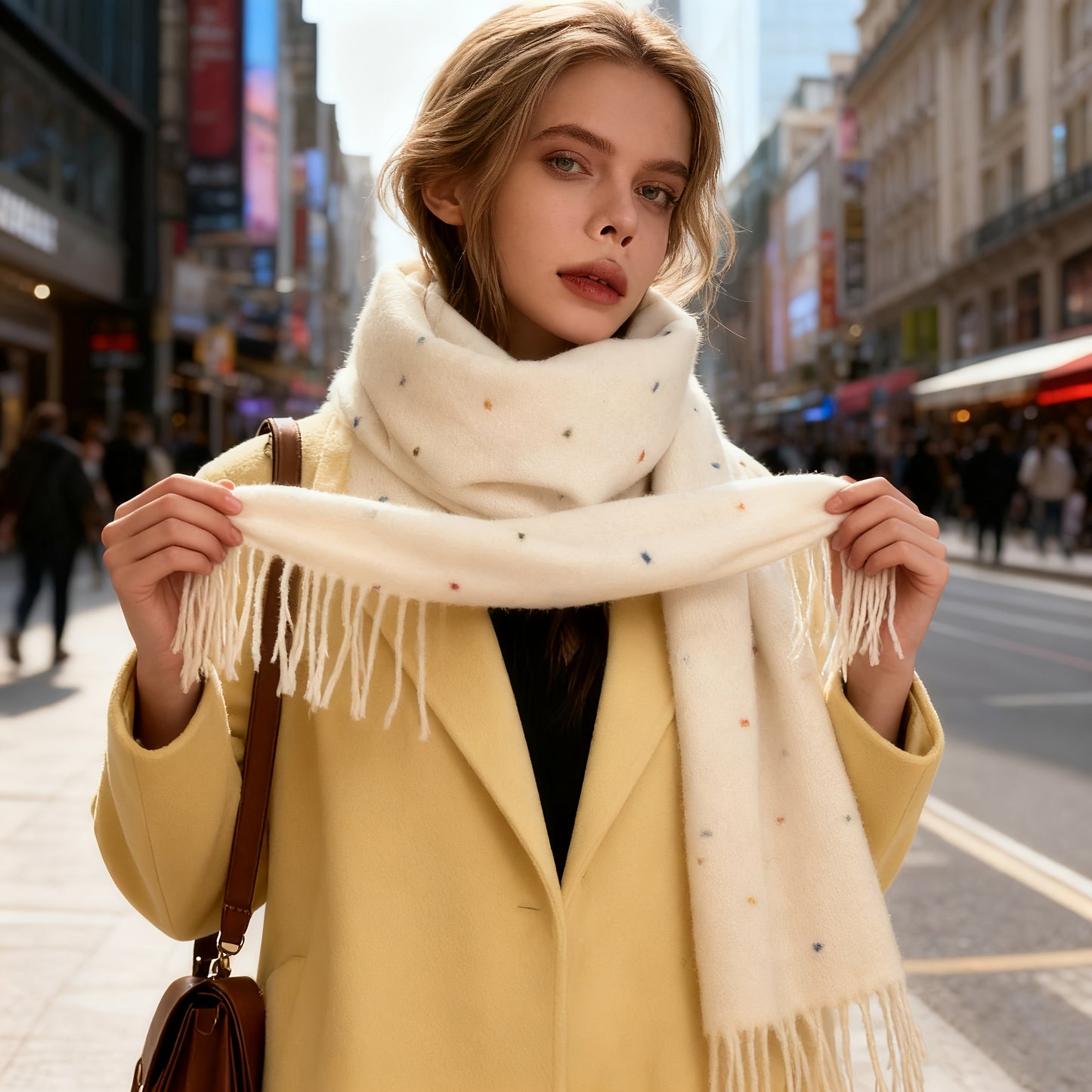 Sciarpa Donna Retro Beige e Bianca - Scialle Elastico, Accessorio Invernale Antivento, Morbida Sciarpa Collo in Poliestere per Look Casual e Serali (Lavaggio a Mano/Lavaggio a Secco) - Puntini Bianco Crema, Scialle Beige Versatile