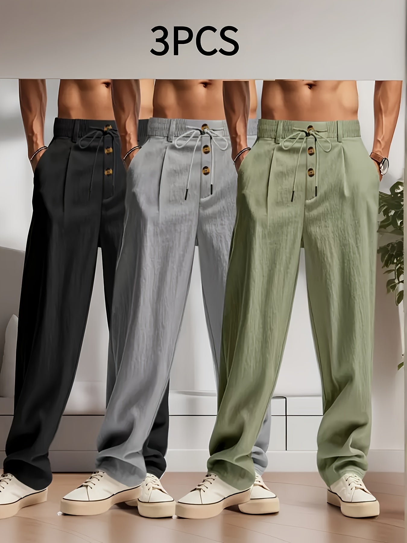 3pcs Pantaloni Casual in Lino Leggeri da Uomo - Vestibilità Rilassata Traspirante con Vita Elastica e Chiusura a Bottone, Tessuto Non Elasticizzato per Abbigliamento da Spiaggia Esterno, Comfort Tutte le Stagioni (Beige/Verde/Azzurro), Pantaloni da Spiagg