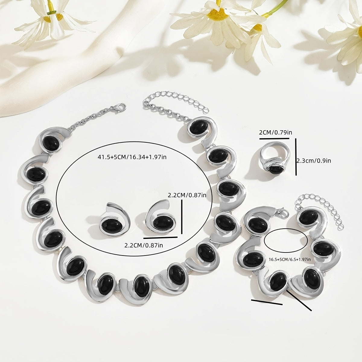 4 pezzi/Set Argento Donna Moda Semplice Collana Orecchini Braccialetto Anello Set Geometrico Ovale Nero Acrilico Intarsiato Spirale Cucitura Perline Pendente Collana Braccialetto Orecchini Anello Boho Spirale Design Set di Gioielli