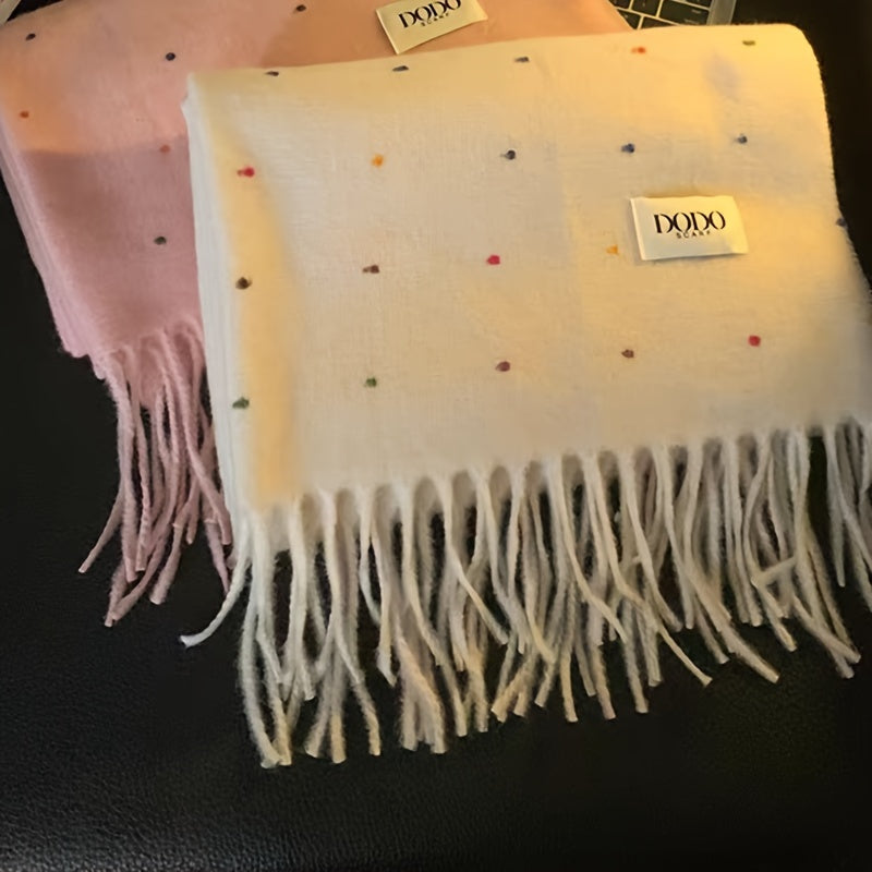 Sciarpa Donna Retro Beige e Bianca - Scialle Elastico, Accessorio Invernale Antivento, Morbida Sciarpa Collo in Poliestere per Look Casual e Serali (Lavaggio a Mano/Lavaggio a Secco) - Puntini Bianco Crema, Scialle Beige Versatile