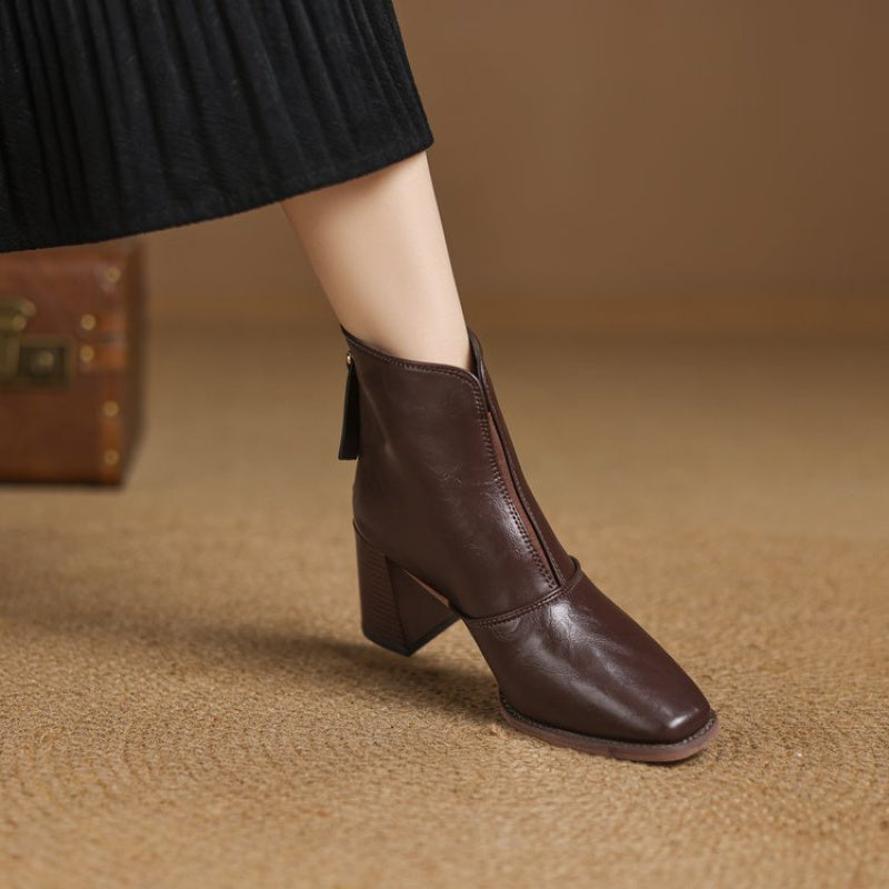 Stivali alla caviglia da donna con tacco grosso autentico - Marroni, punta rotonda, chiusura con zip, stivali comodi con tacco medio per outfit casual e formali, calzature versatili autunno inverno, calzature formali, design elegante dello stivale, suola