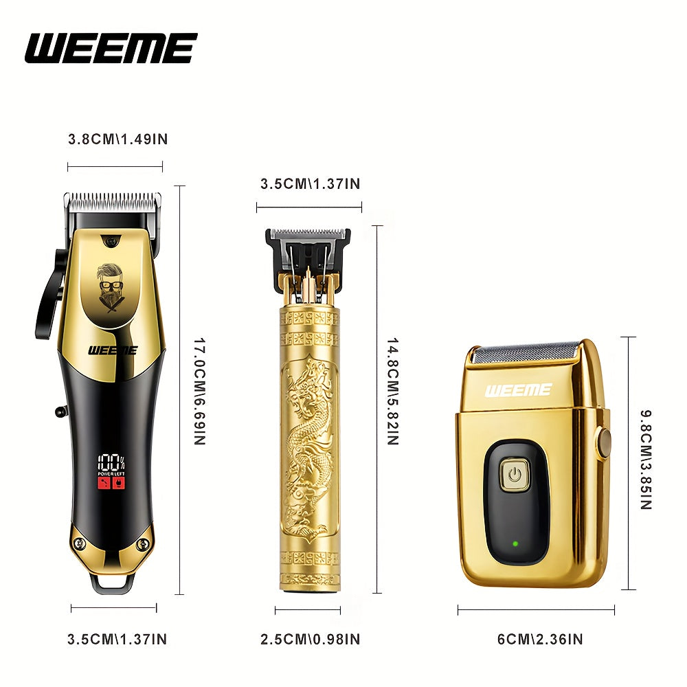 WEEME Set di 3 pezzi per taglio capelli elettrico da uomo, set per parrucchiere domestico, tagliacapelli USB ricaricabile, testina in lega, display LCD, forma intagliata, ideale per casa e viaggi, regalo per la Festa del Papà