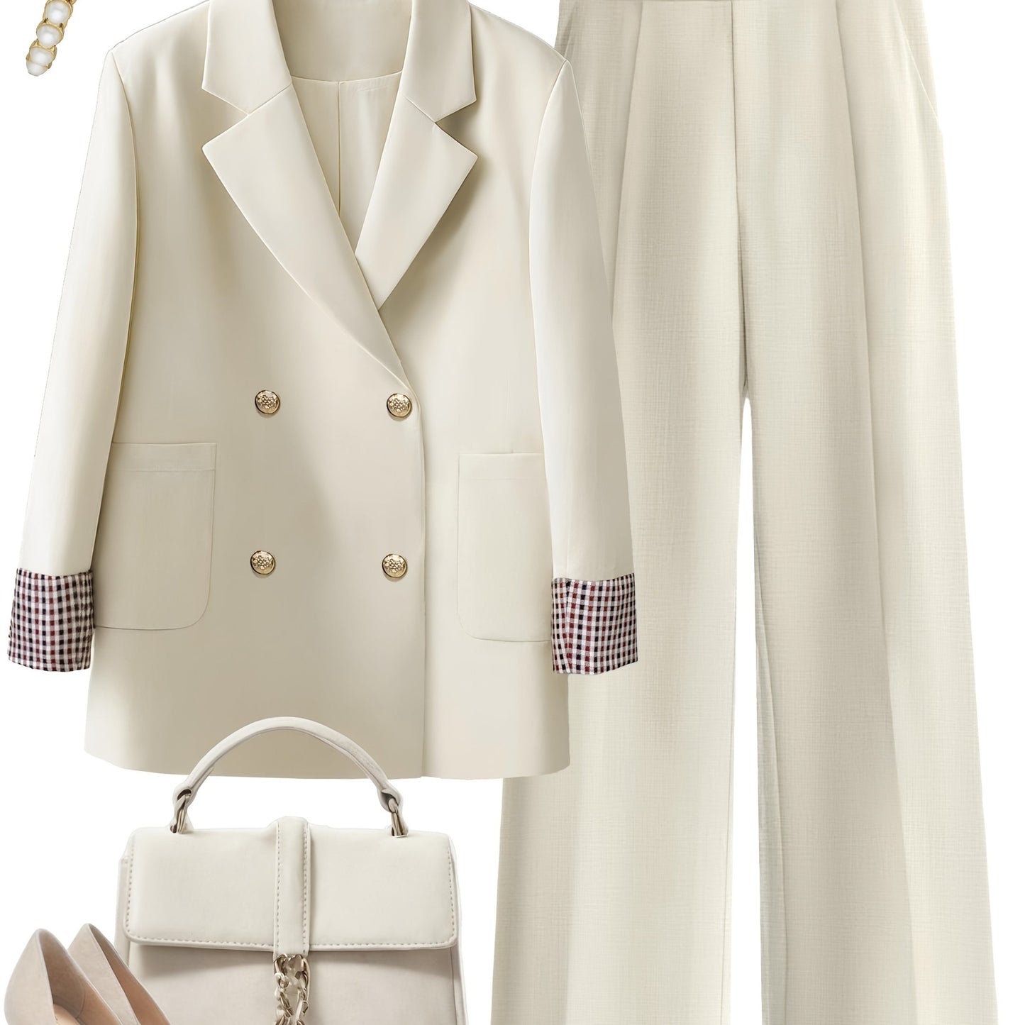 Abbigliamento elegante da ufficio per donne: Elegante giacca beige a due bottoni con colletto a revers, pantaloni lunghi e borsa a mano abbinata - Stile sofisticato e raffinato per il lavoro o le uscite casuali, Abbigliamento casual|Stile sofisticato|Tess
