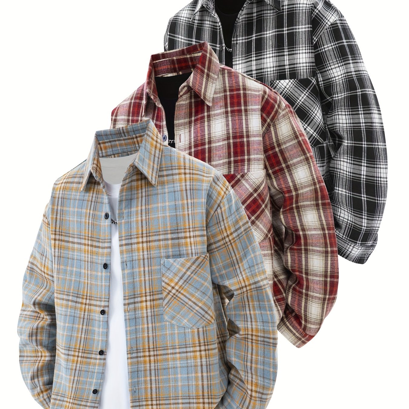 Set di 3 camicie a quadri da uomo - Camicie casual a vestibilità ampia con bottoni, colletto, maniche lunghe e tasche sul petto per abbigliamento primaverile/autunnale da esterno, capispalla versatili e alla moda, abbigliamento primaverile autunnale | Des