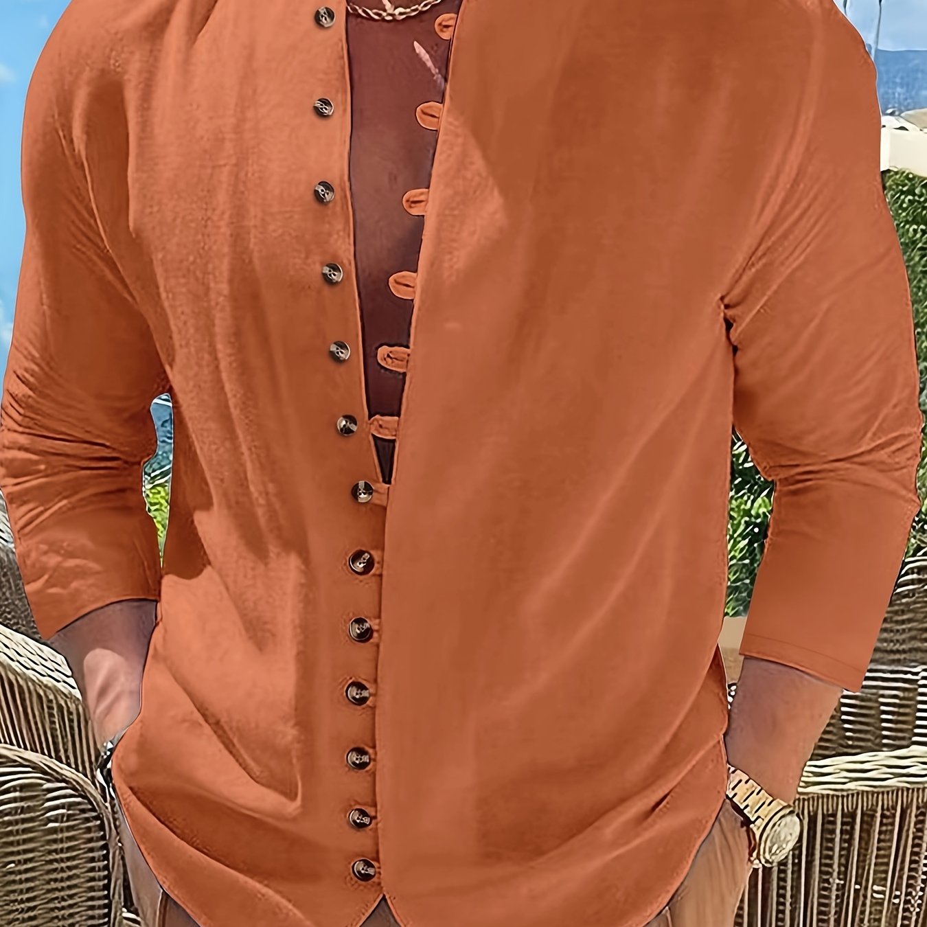 Maglietta Uomo Casual Retro a Maniche Lunghe con Collo Tondo e Bottoni, Regalo per Ramadan