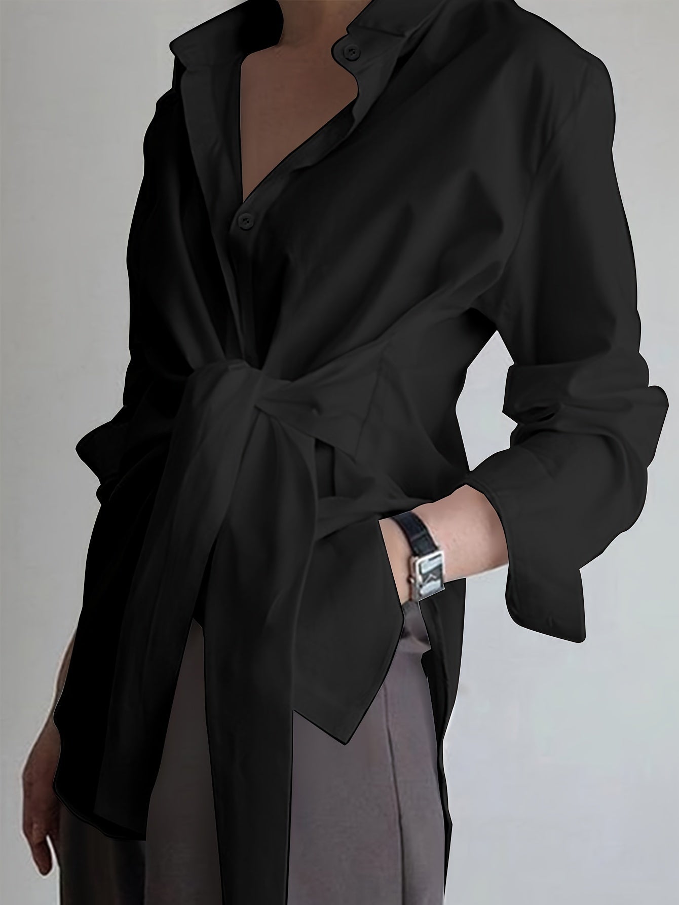 Women'S Casual Solid Color Long Sleeve Shirt, 100% Polyester, Lapel Collar, Button Front, All Season Woven Fabric, 117 gsm - Versatile Adult Shirting