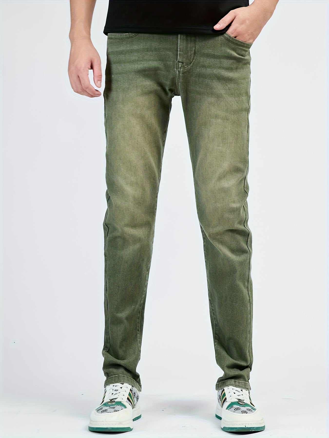 1pezzo Pantaloni casual da uomo slim-fit in denim sintetico, con chiusura a bottoni, comodi per tutte le stagioni, lavaggio leggero, kaki, versatili per abbigliamento casual, abbigliamento confortevole | Slim Fit Faux Denim | Tessuto resistente