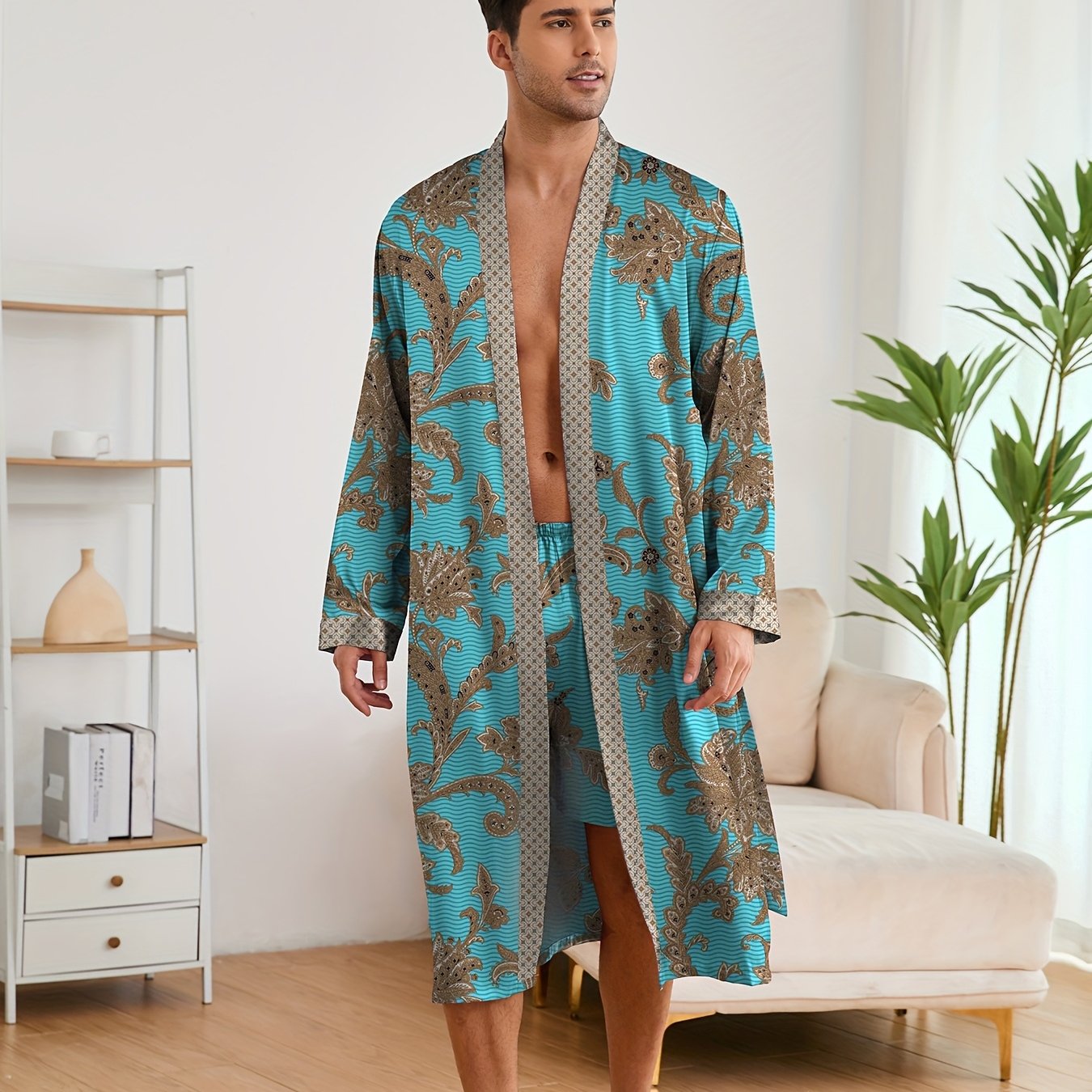 Accappatoio da uomo, pigiama elegante e leggero di lusso, stampa floreale elegante e raffinata, accappatoio con scollo a V a maniche lunghe e pantaloncini, set di vestaglia da notte per l'uso domestico