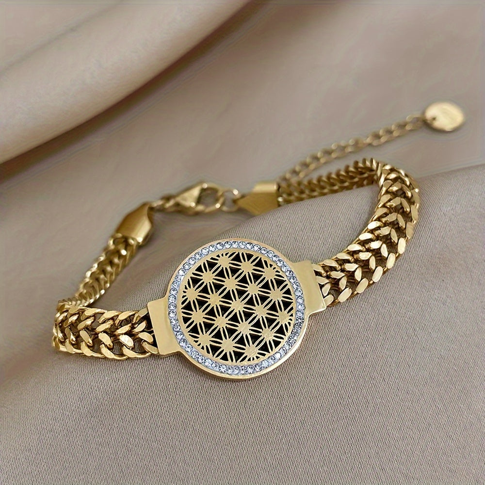 1pz Braccialetto In Acciaio Inossidabile Con Fiori E Uccelli, Rotondo Con Strass In Rilievo, Braccialetto A Cerchio Del Fiore Della Vita