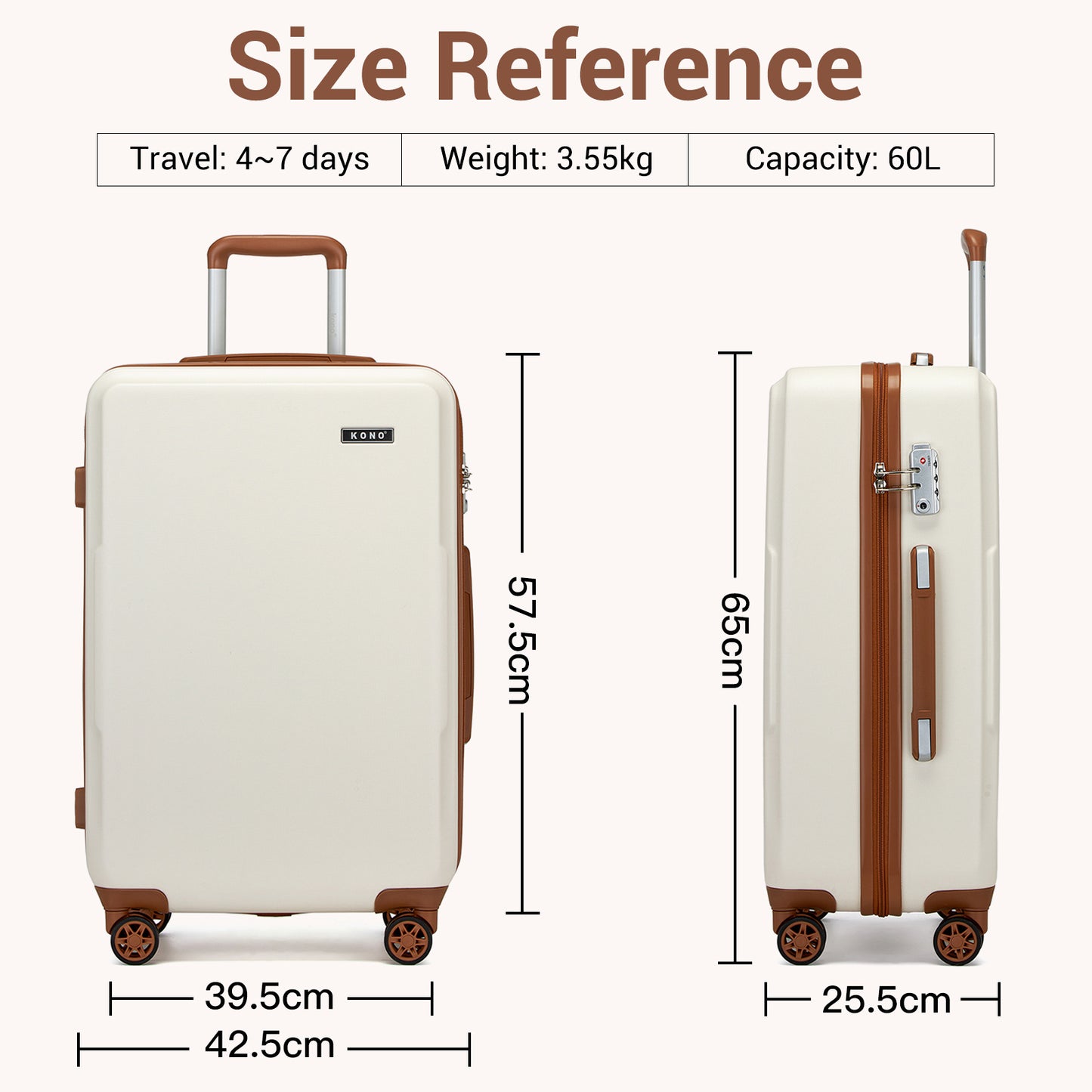 1Pcs di Valigia Kono da 20/24/28 pollici in Crema e Marrone, Bagaglio a Mano Piccolo in PC + ABS con Guscio Rigido Leggero e Durevole, con Doppie Ruote Girevoli, Serratura di Sicurezza TSA, Regalo per le Vacanze di Ritorno a Scuola, Manico Telescopico, Ru