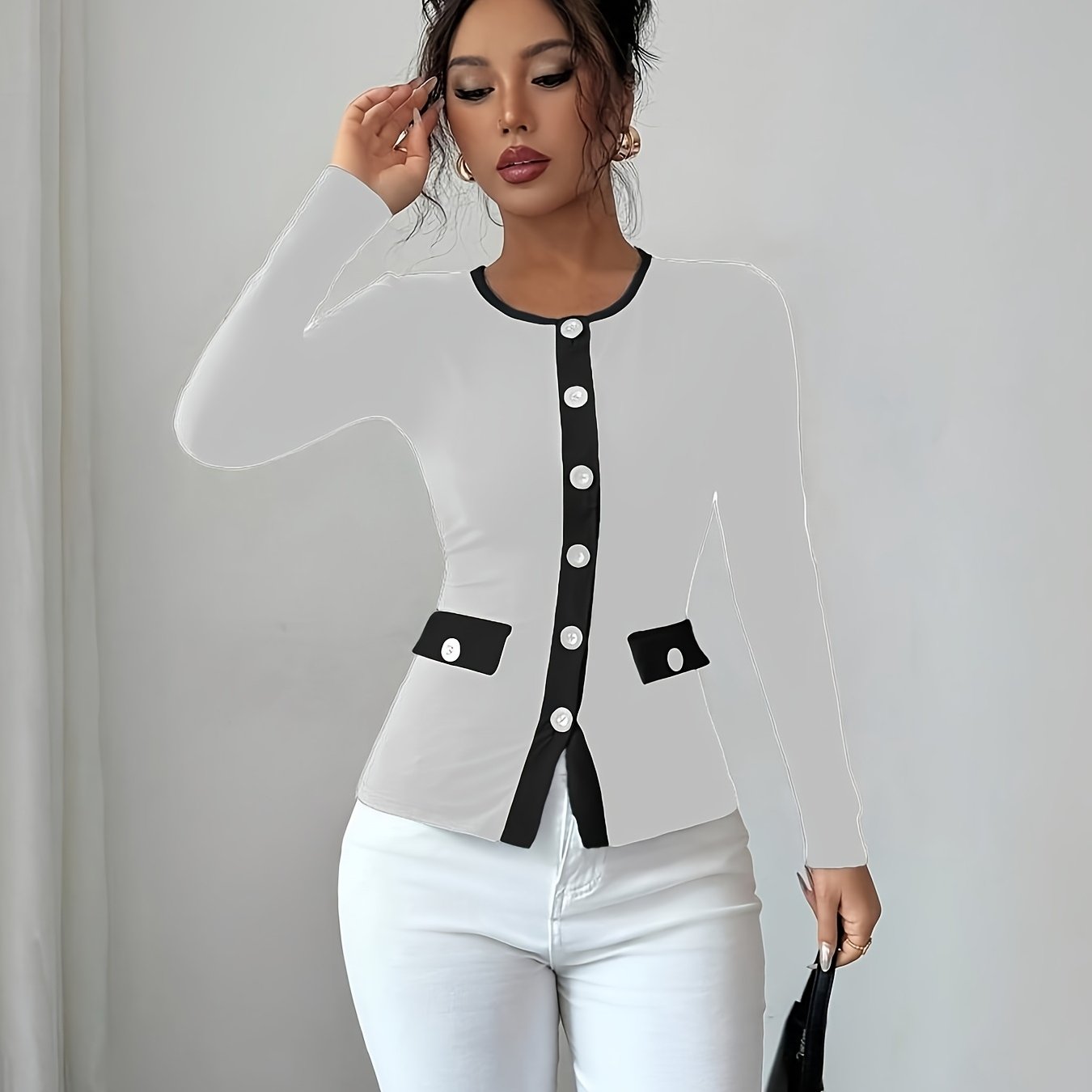 Women's Elegant Black & White Contrast Long Sleeve T-Shirt with Round Neck & Decorative Collar - Mid-Stretch Office to Casual Top, Faux Pocket Design, Spring/Fall Wardrobe Essential (Hand Washable, Non-See-Through)