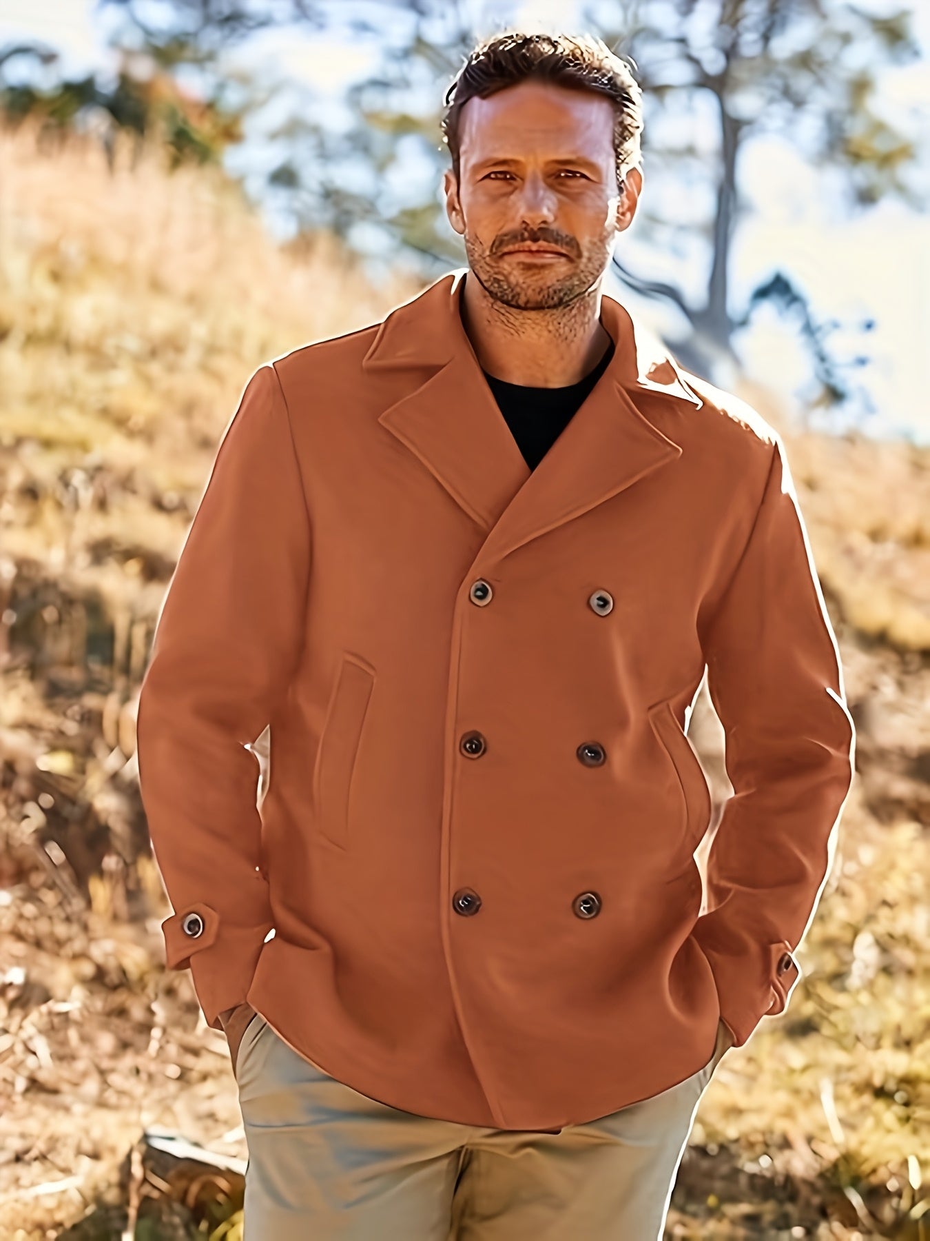 1pz Cappotto Invernale Pesante da Uomo - Giacca Doppiopetto con Colletto a Lancia, Grande Bottone sul Risvolto & Passanti in Tinta Unita (Tessuto Non Elasticizzato) - Capospalla Spesso per Taglie Grandi e Alte, Abbigliamento Casual ed Elegante (Marrone),