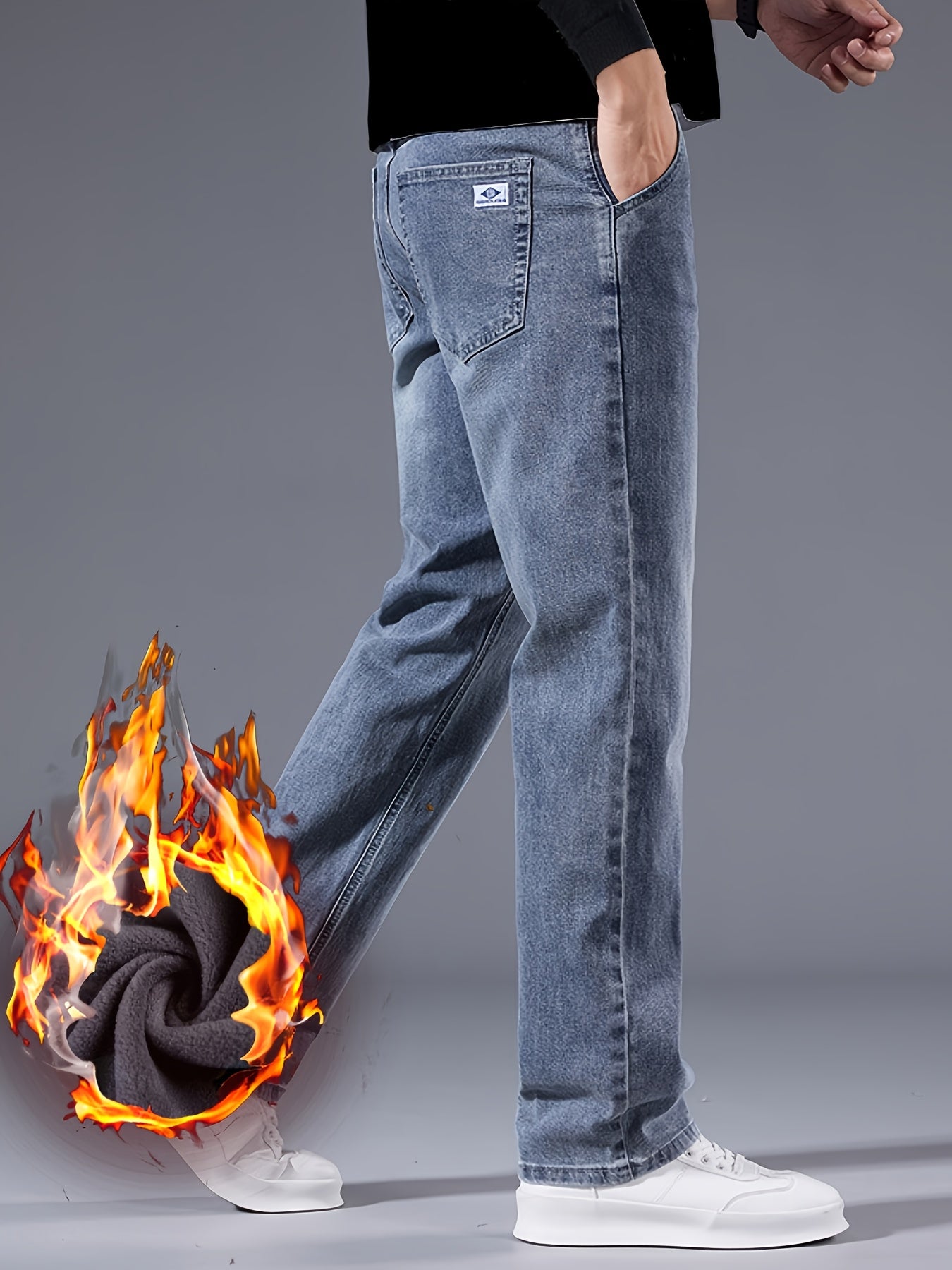 092+1# Nuova Arrivo Invernale Jeans Minimalisti Spessi Foderati in Pile Elasticizzati