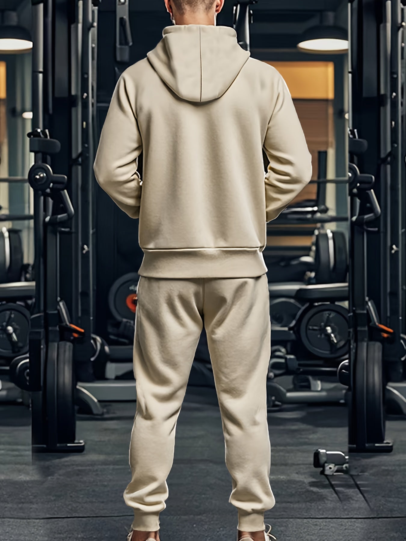 Set di 2 pezzi da uomo con felpa con cappuccio a tinta unita a maniche lunghe + pantaloni, set casual sportivo da fitness coordinato